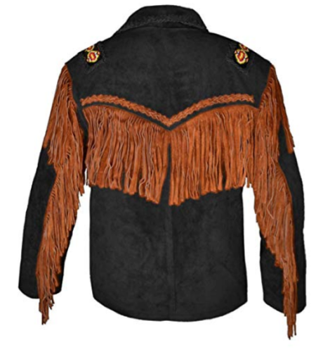 The black suede leather fringe jacket with beaded detailing, pictured from the front