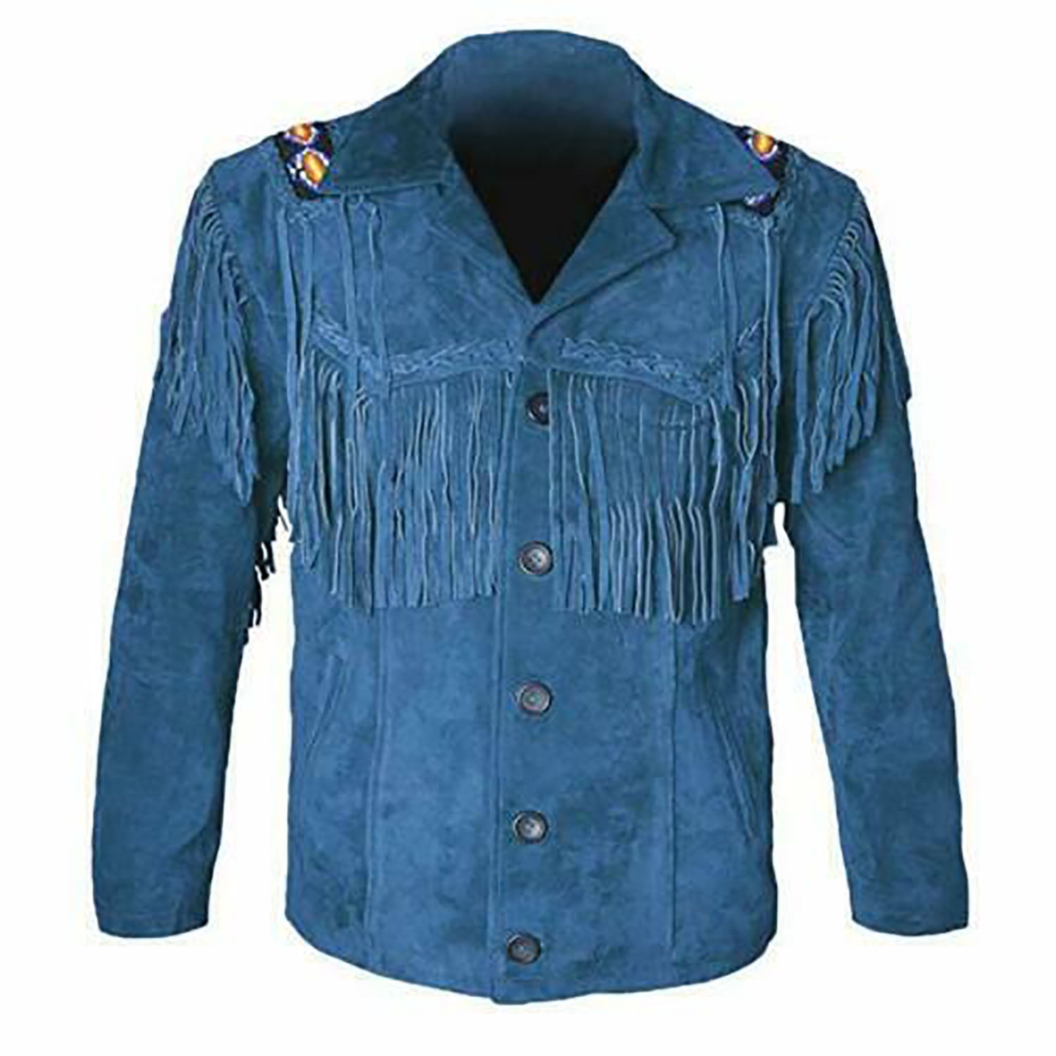 Side profile showing the blue suede leather fringe jacket with beaded detailing
