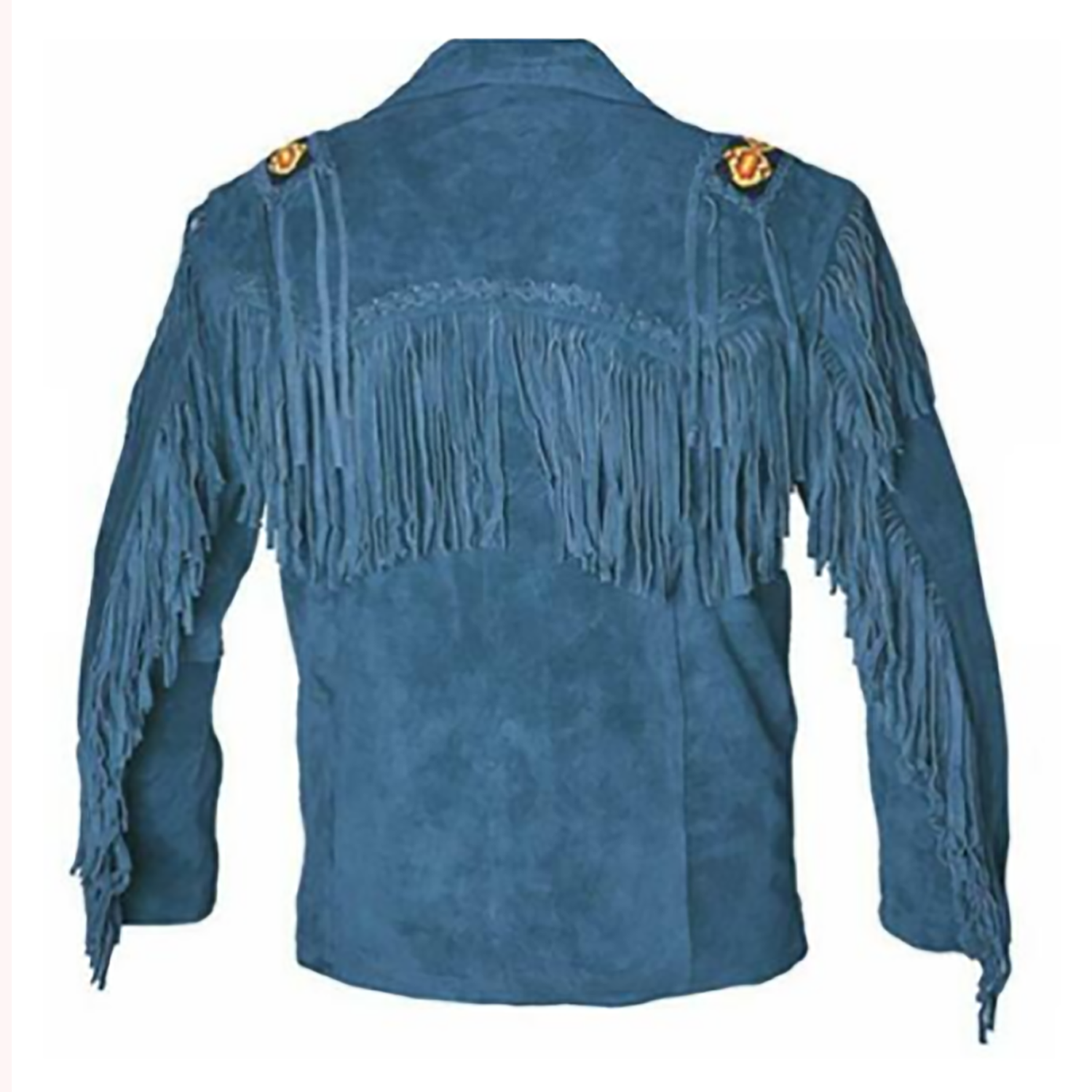 Back view showing the blue suede leather fringe jacket with beaded detailing