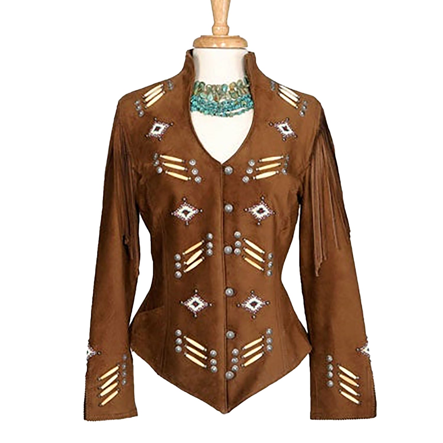 Western Brown Leather Beaded Jacket for Women front view