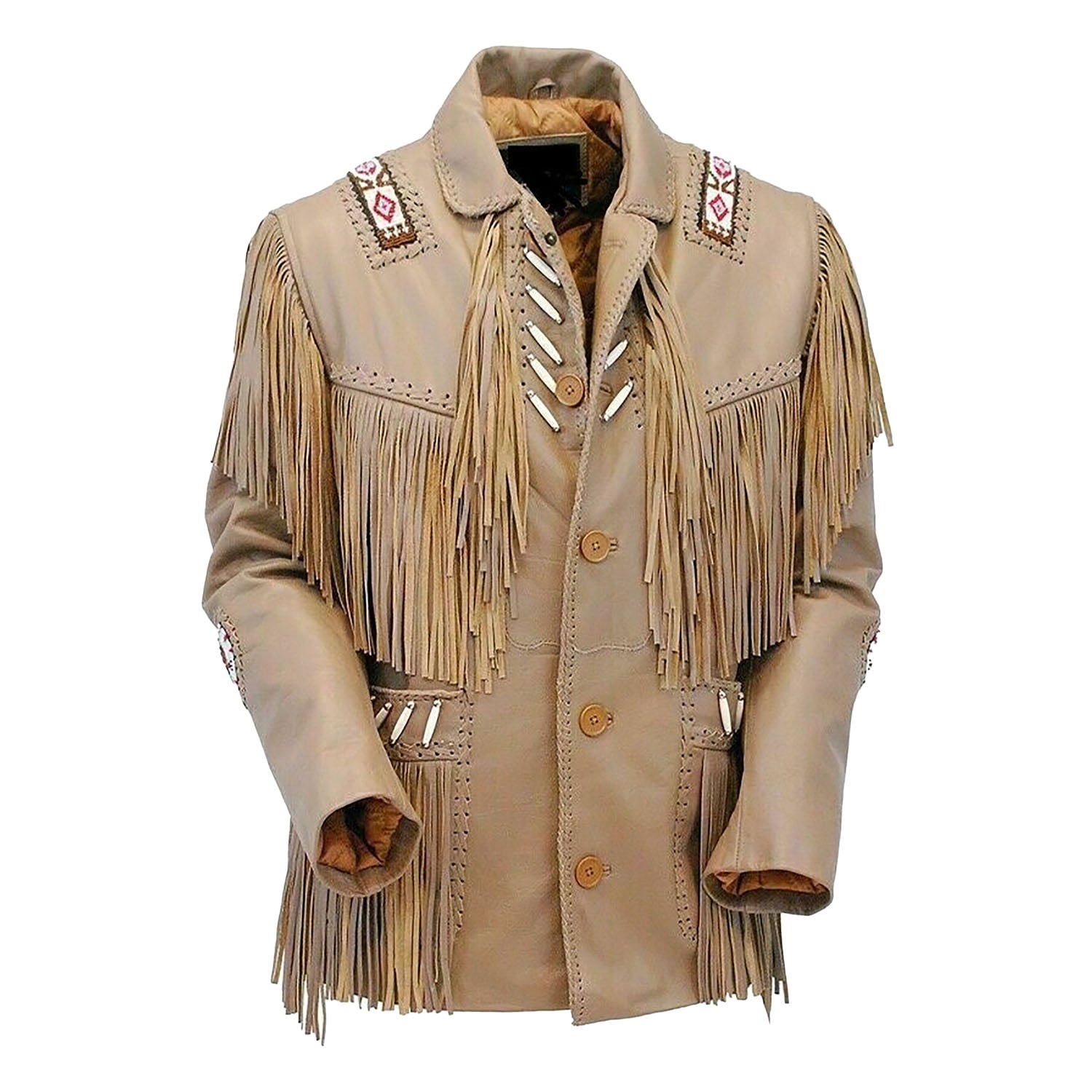 The brown leather fringe jacket with beaded detailing, pictured from the front