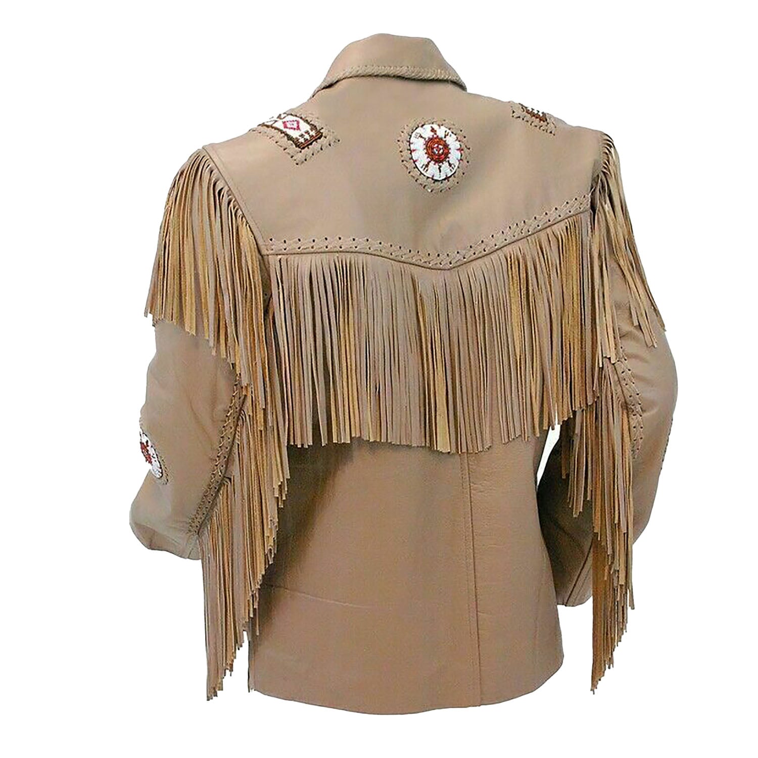 The brown leather fringe jacket with beaded detailing, pictured from the side