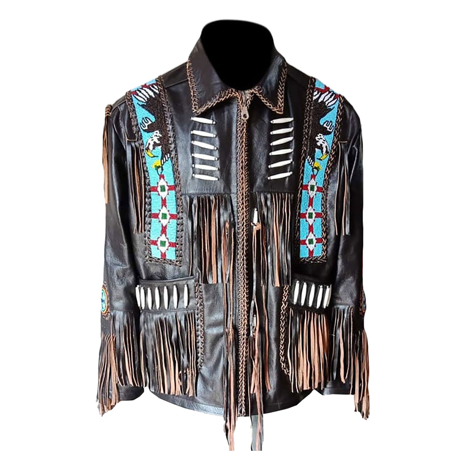 Full display of the brown leather fringe jacket with eagle beadwork for men