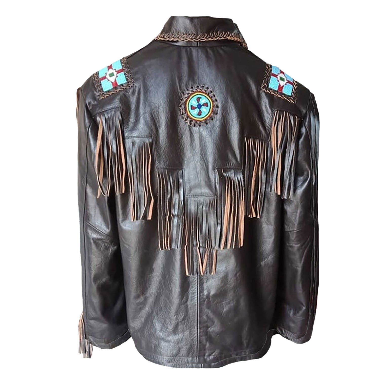 Detail shot of the brown leather fringe jacket with beaded detailing for men