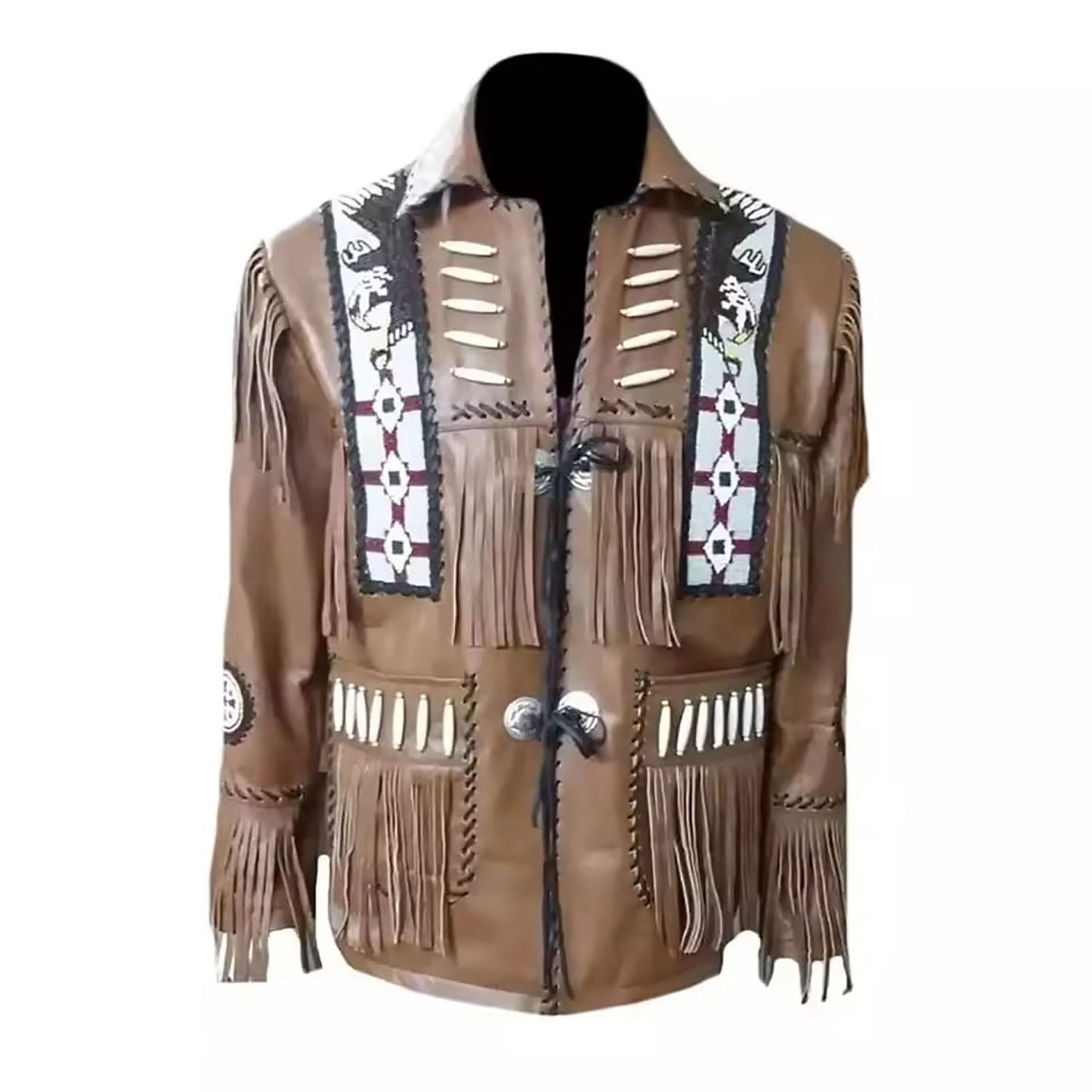 Worn styled look showing the brown leather fringe jacket with eagle beadwork