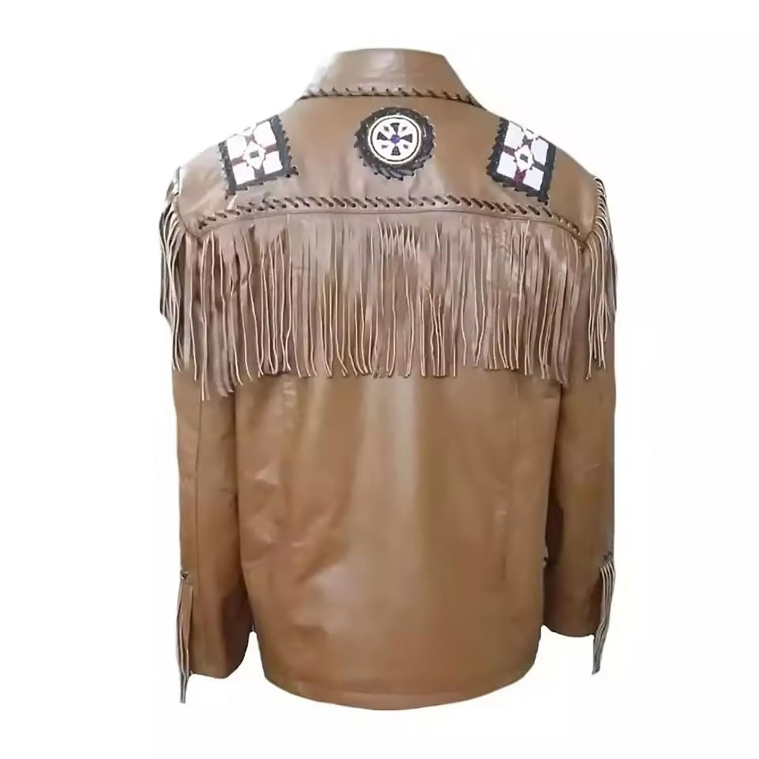 Full display showing the brown leather fringe jacket with beaded detailing