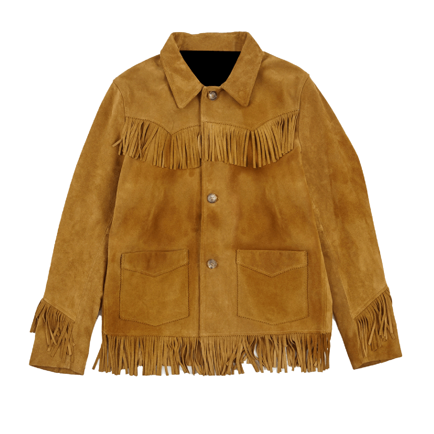 Front View of the brown suede leather fringe jacket for men