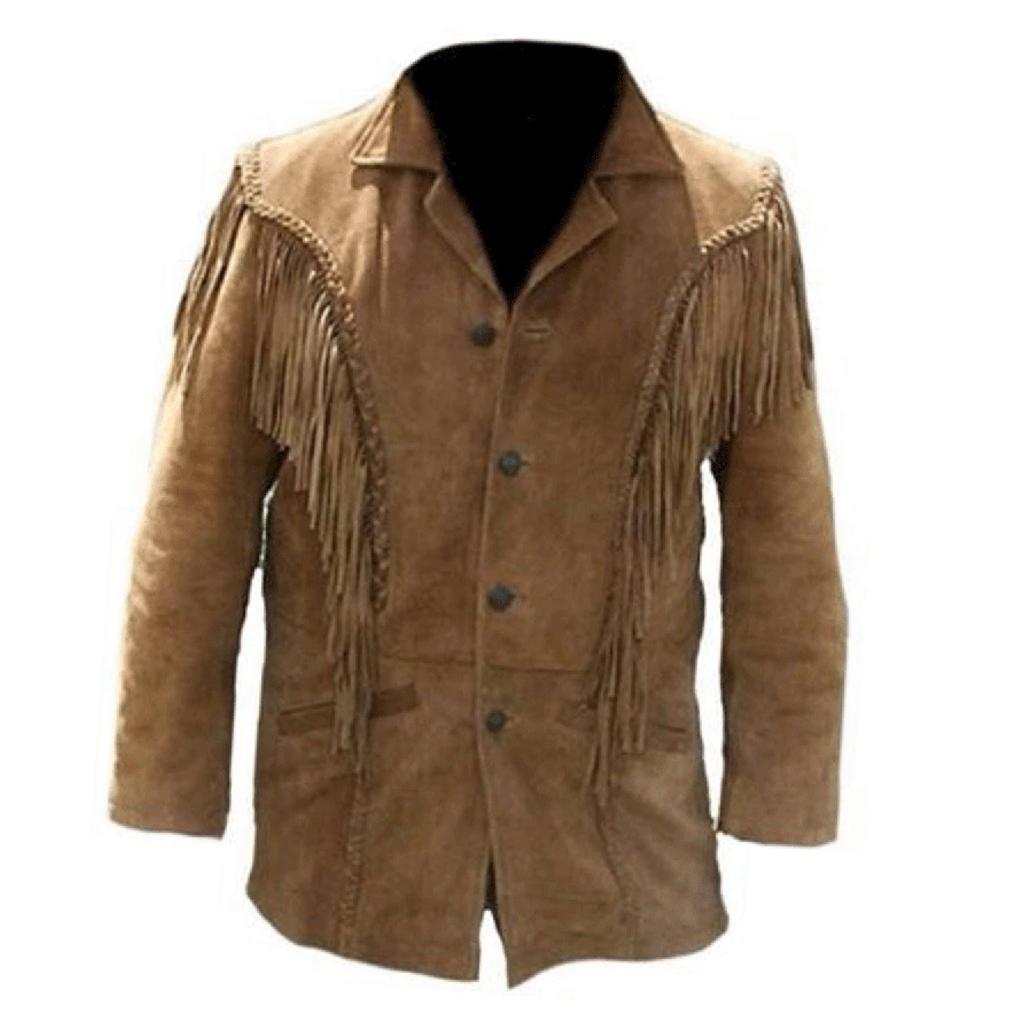 Front view of the brown suede leather fringe jacket for men