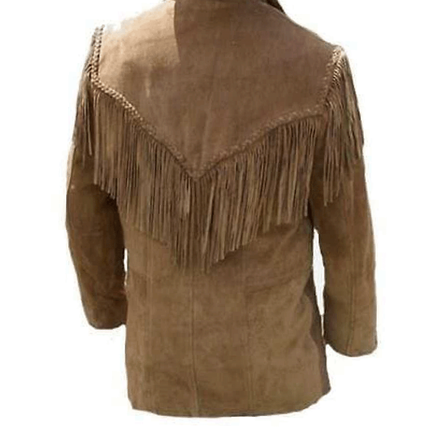 Back view of the brown suede leather fringe jacket for men