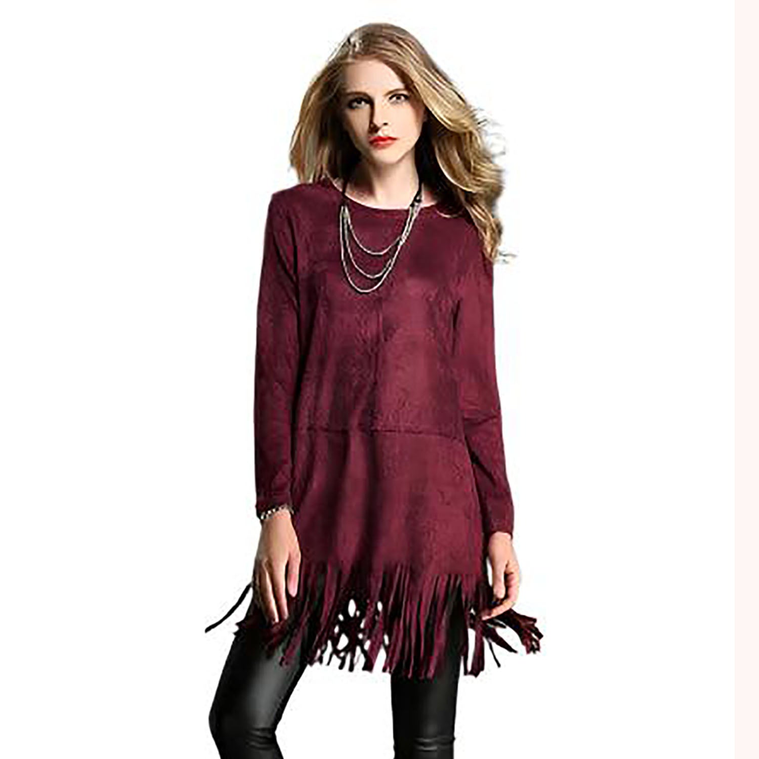 Western Burgundy Maroon Suede Fringes Shirt Cowgirl Dress front view