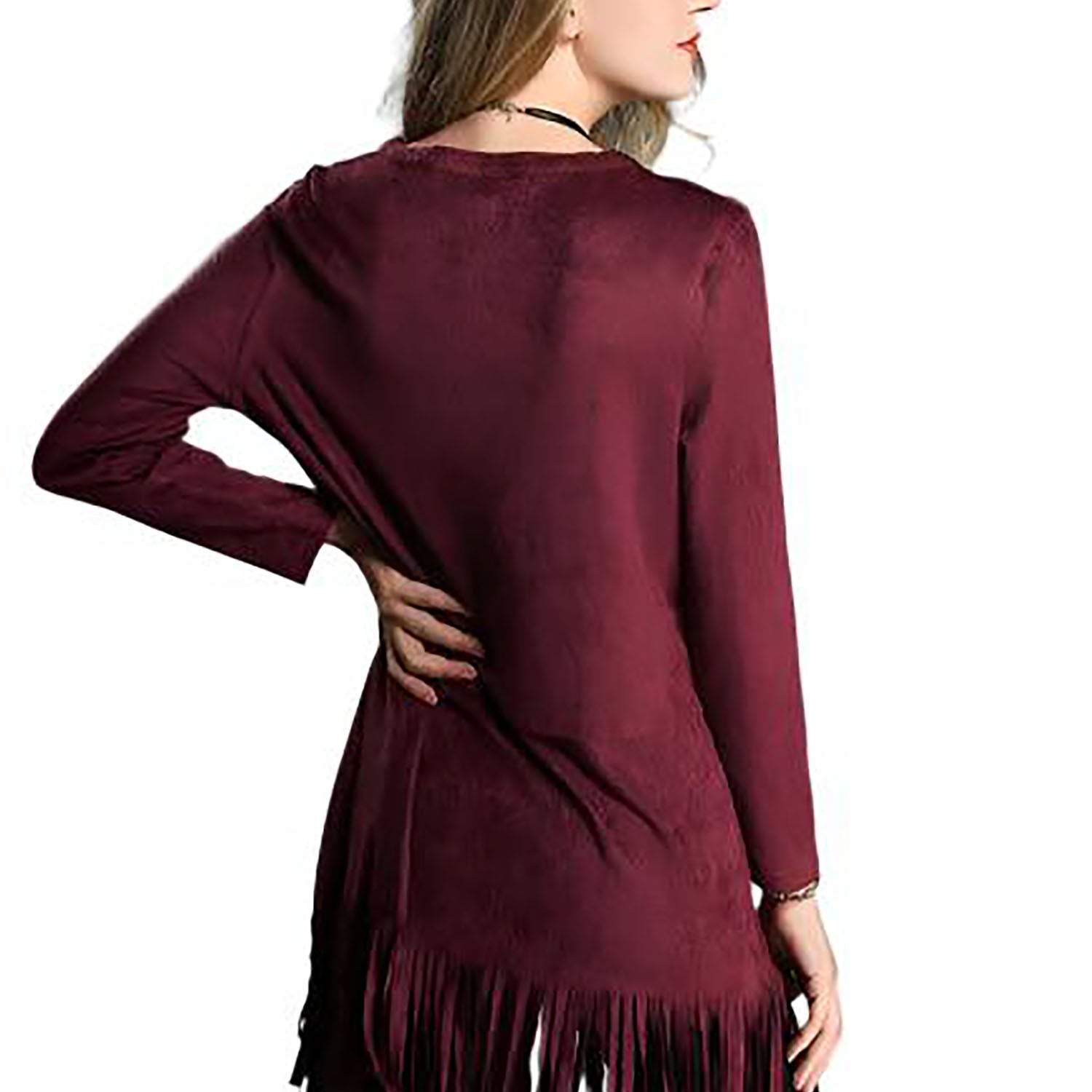 Western Burgundy Maroon Suede Fringes Shirt Cowgirl Dress side view