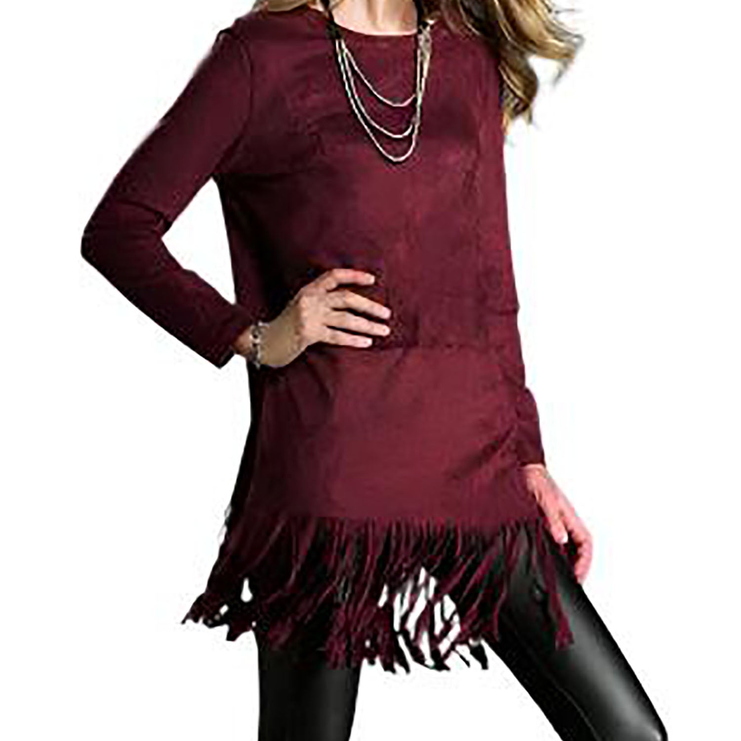 Western Burgundy Maroon Suede Fringes Shirt Cowgirl Dress back view