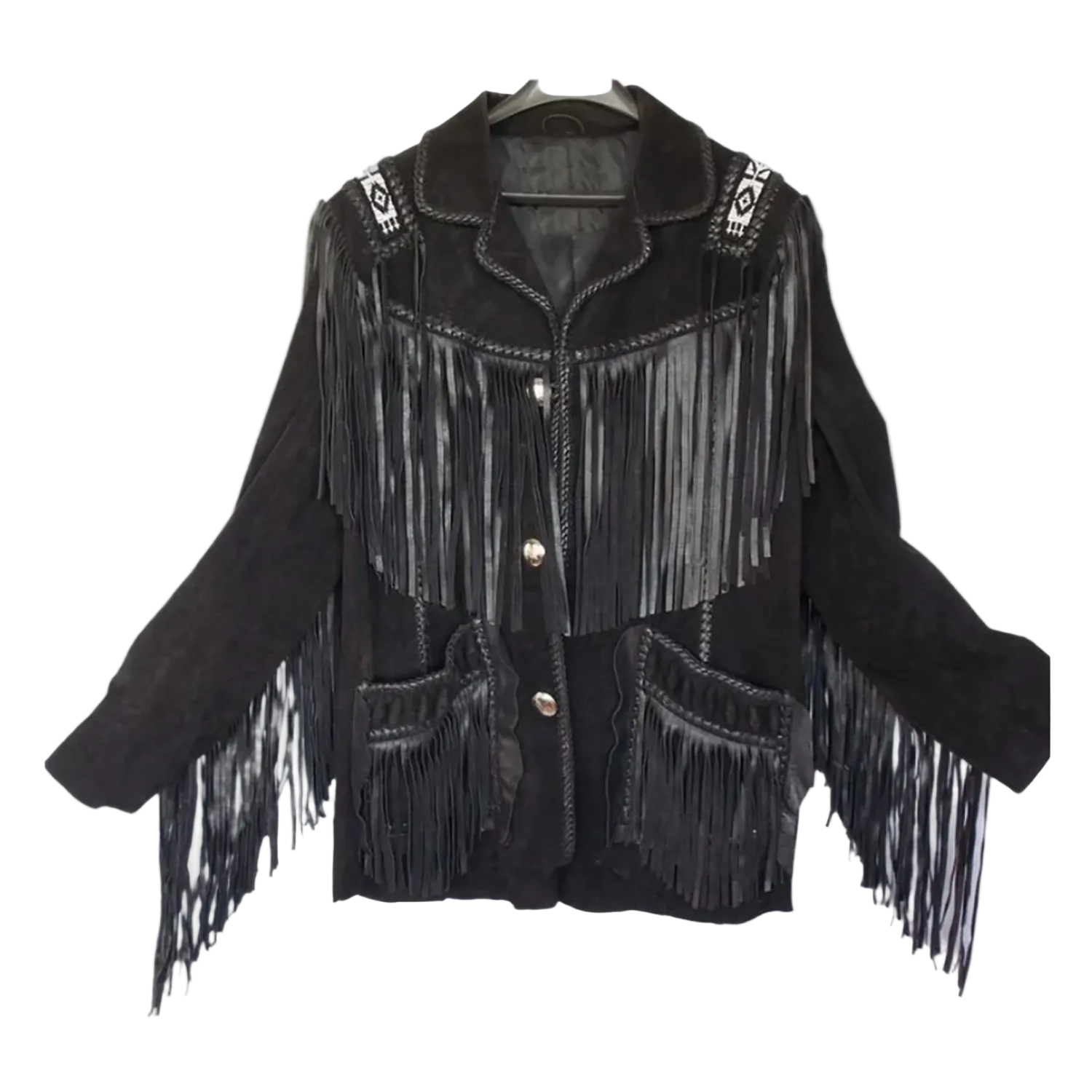 Western Cowgirl Black Suede Leather Fringe Beaded Jacket front view