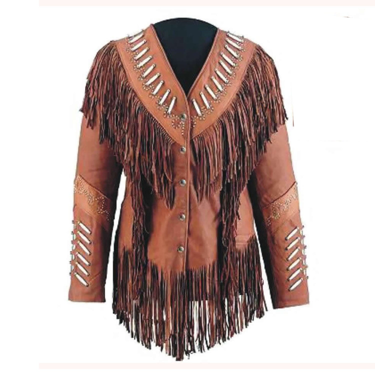 Western Cowgirl Brown Leather Fringe Bone Jacket front view