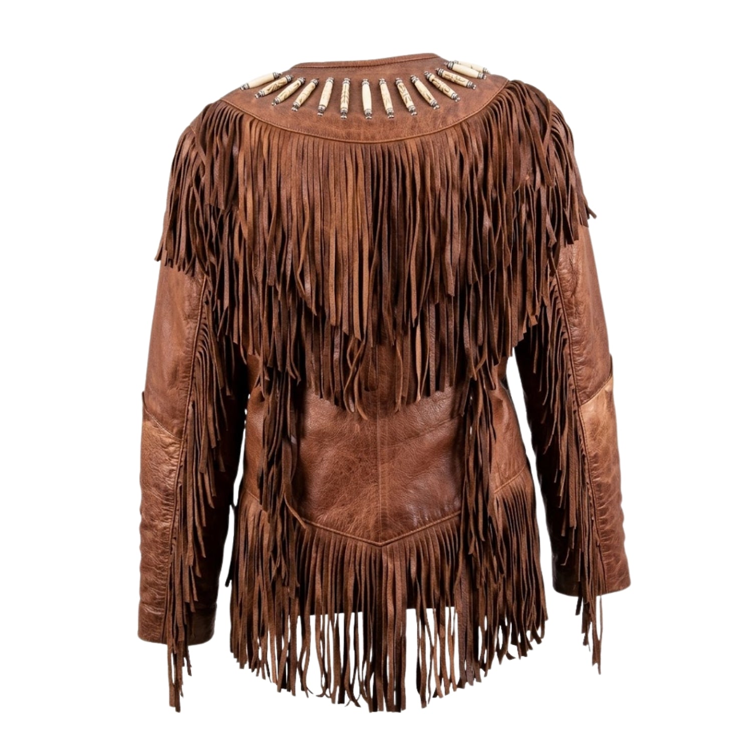 Western Cowgirl Brown Leather Fringe Bone Jacket side view