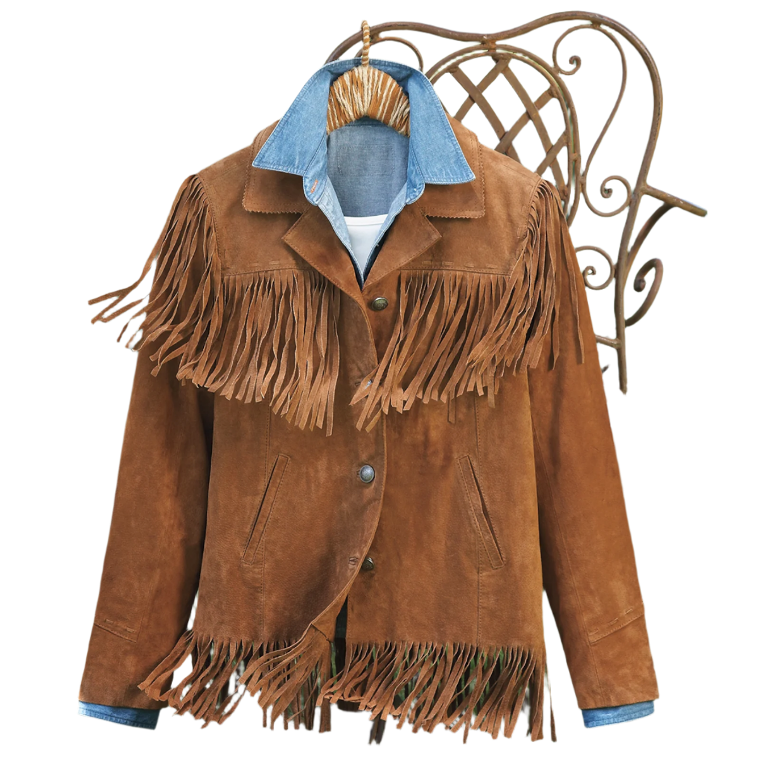 Western Cowgirl Brown Suede Leather Fringe Jacket For front view