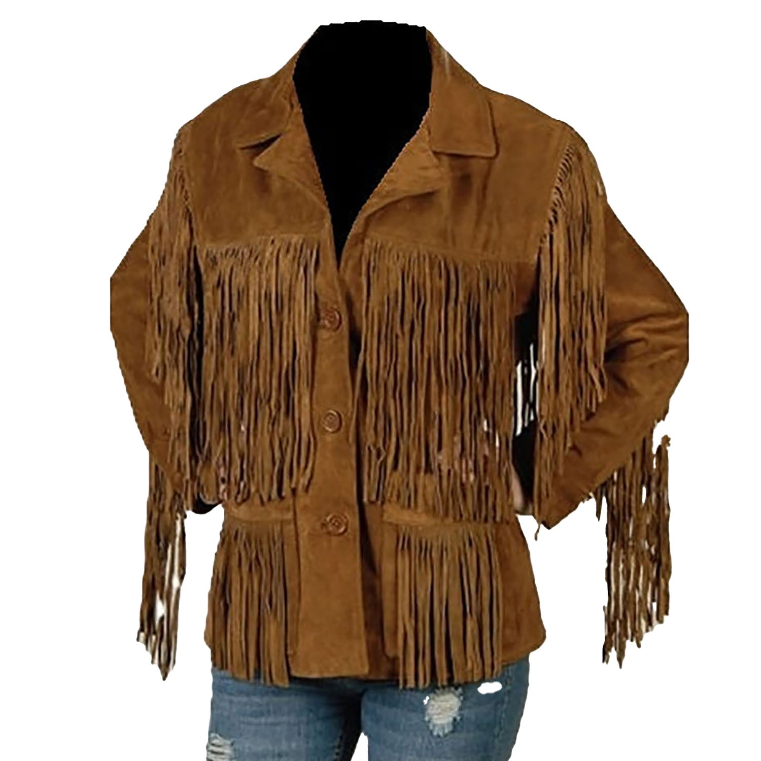 Western Cowgirl Brown Suede Leather Fringes Jacket front view