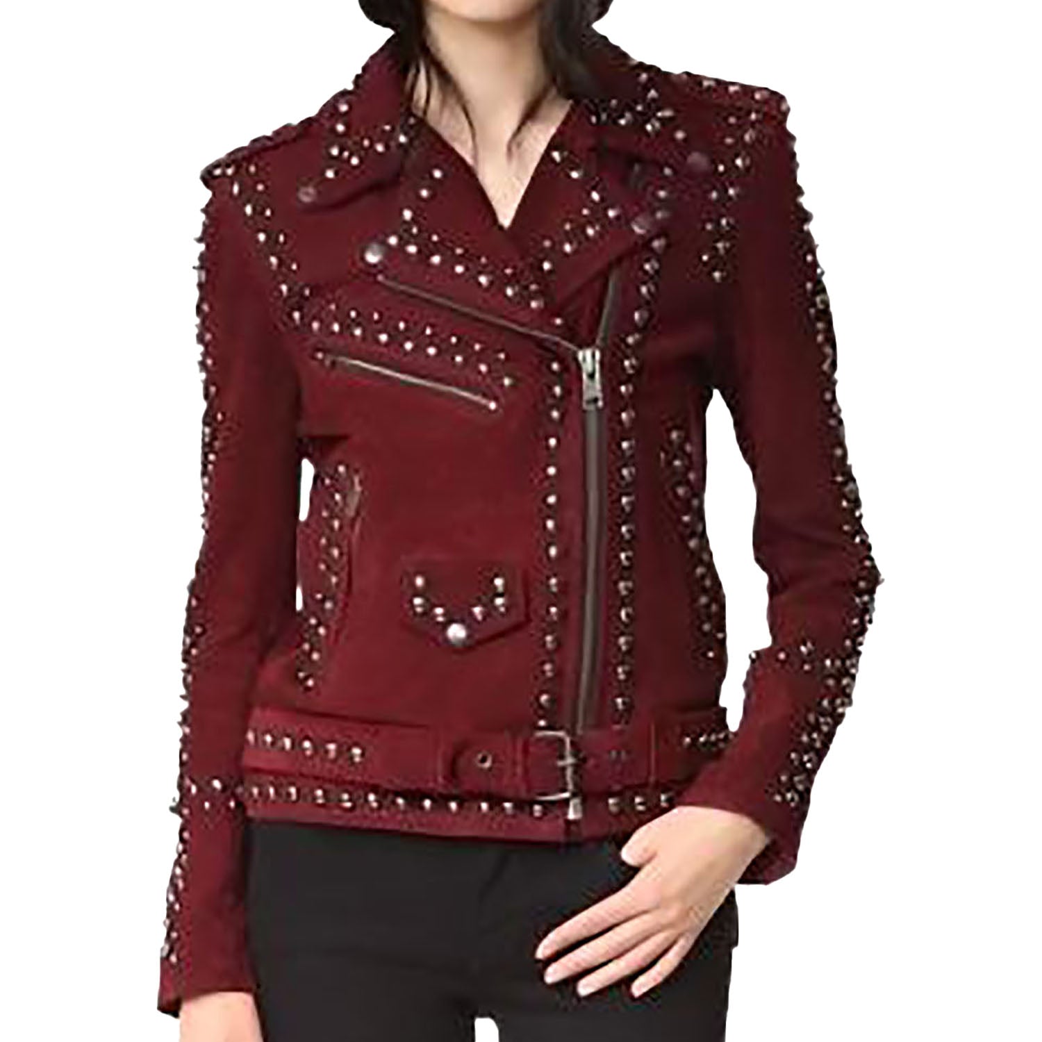 Western Cowgirl Burgundy Suede Leather Biker Jacket front view