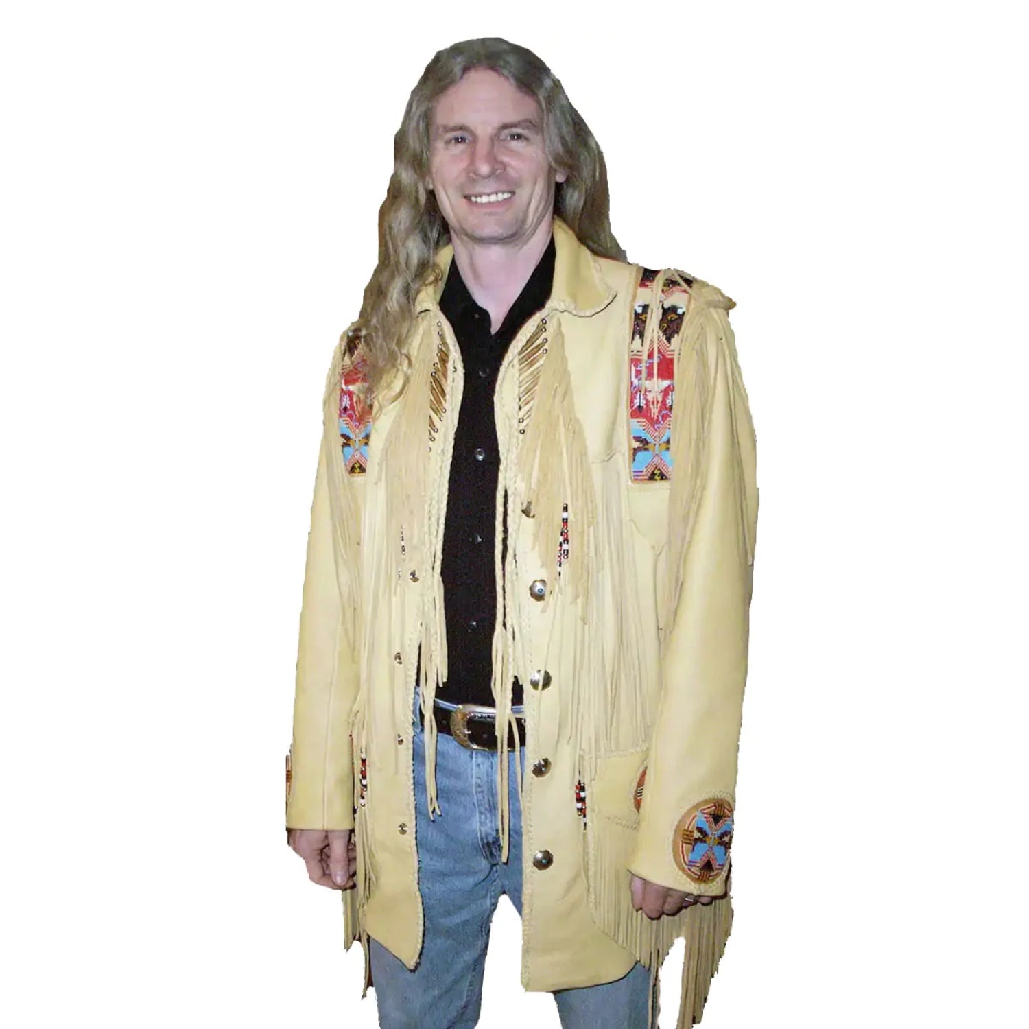 Front view showing the beige leather fringe jacket with beaded detailing