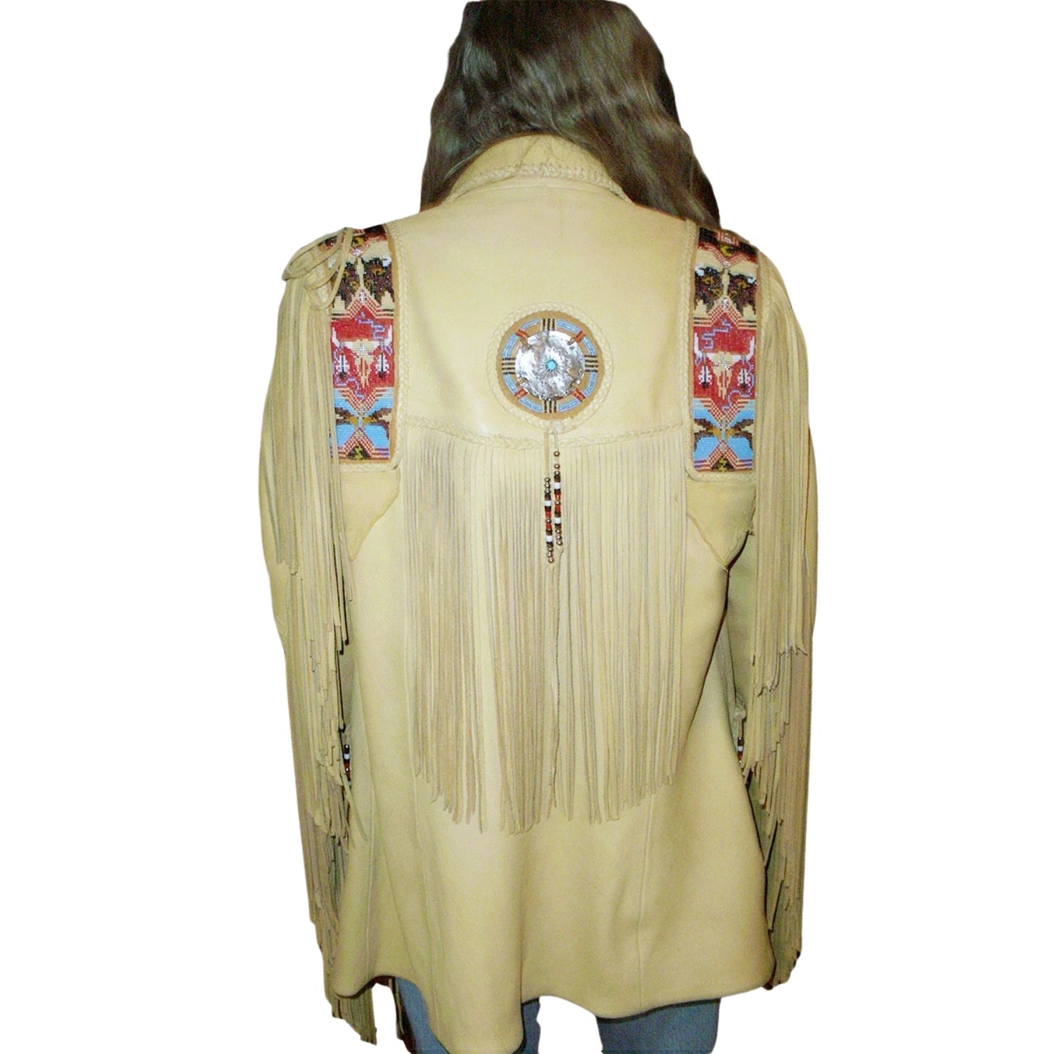 Back view showing the beige leather fringe jacket with beaded detailing