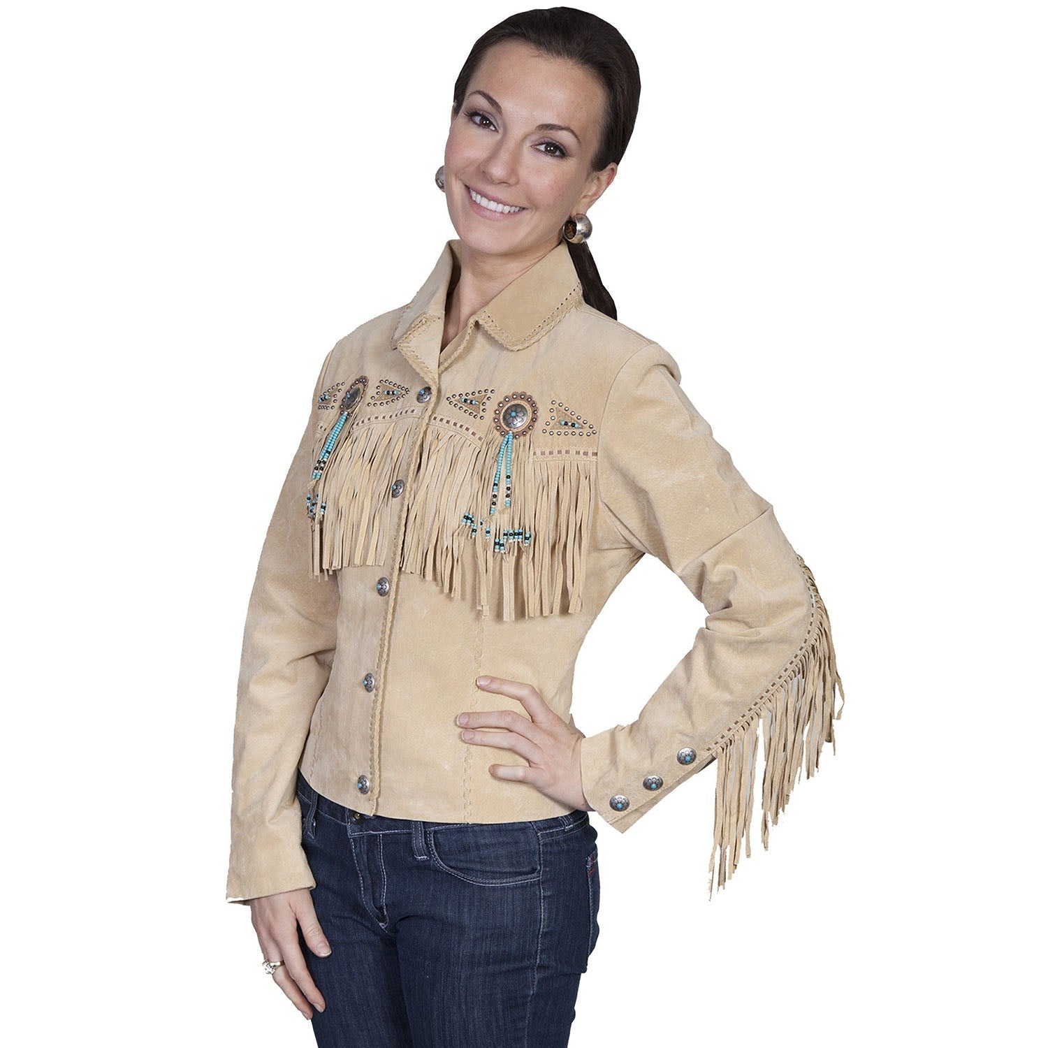 Western Fringe Beige Suede Leather Jacket for Women Cowgirl front view