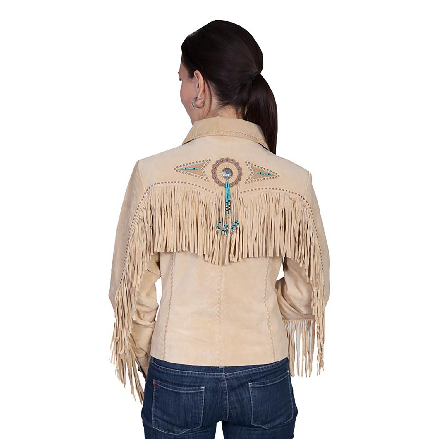 Western Fringe Beige Suede Leather Jacket for Women Cowgirl side view