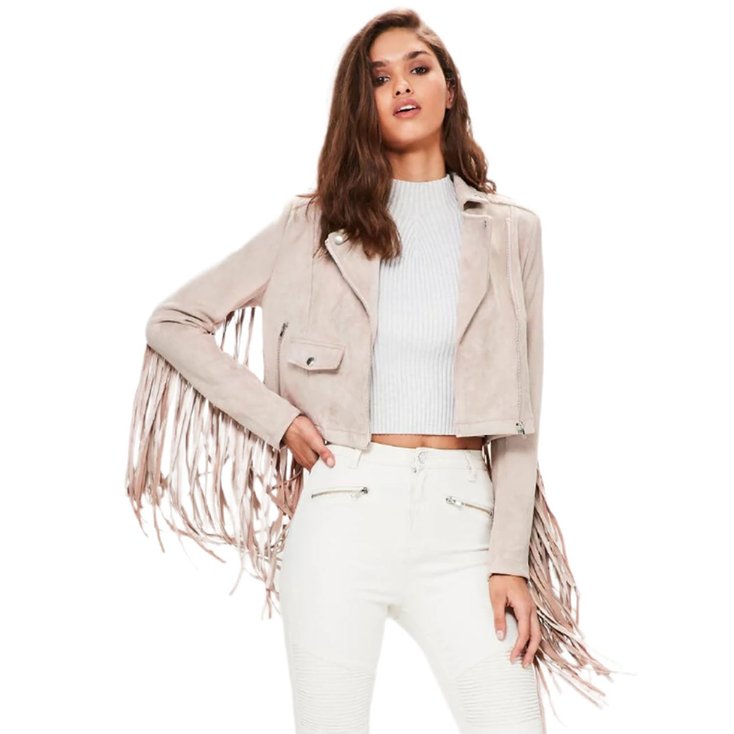 Western Fringe Beige Suede Leather Jacket for Women Cowgirl front view