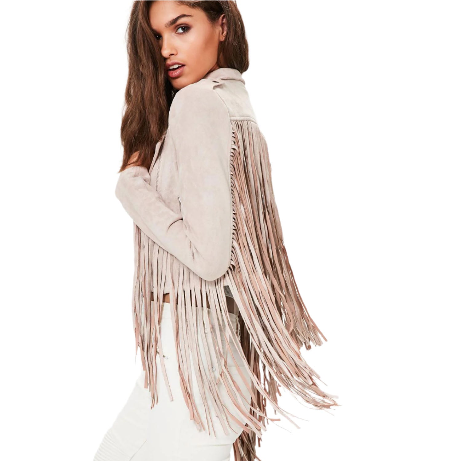 Western Fringe Beige Suede Leather Jacket for Women Cowgirl side view