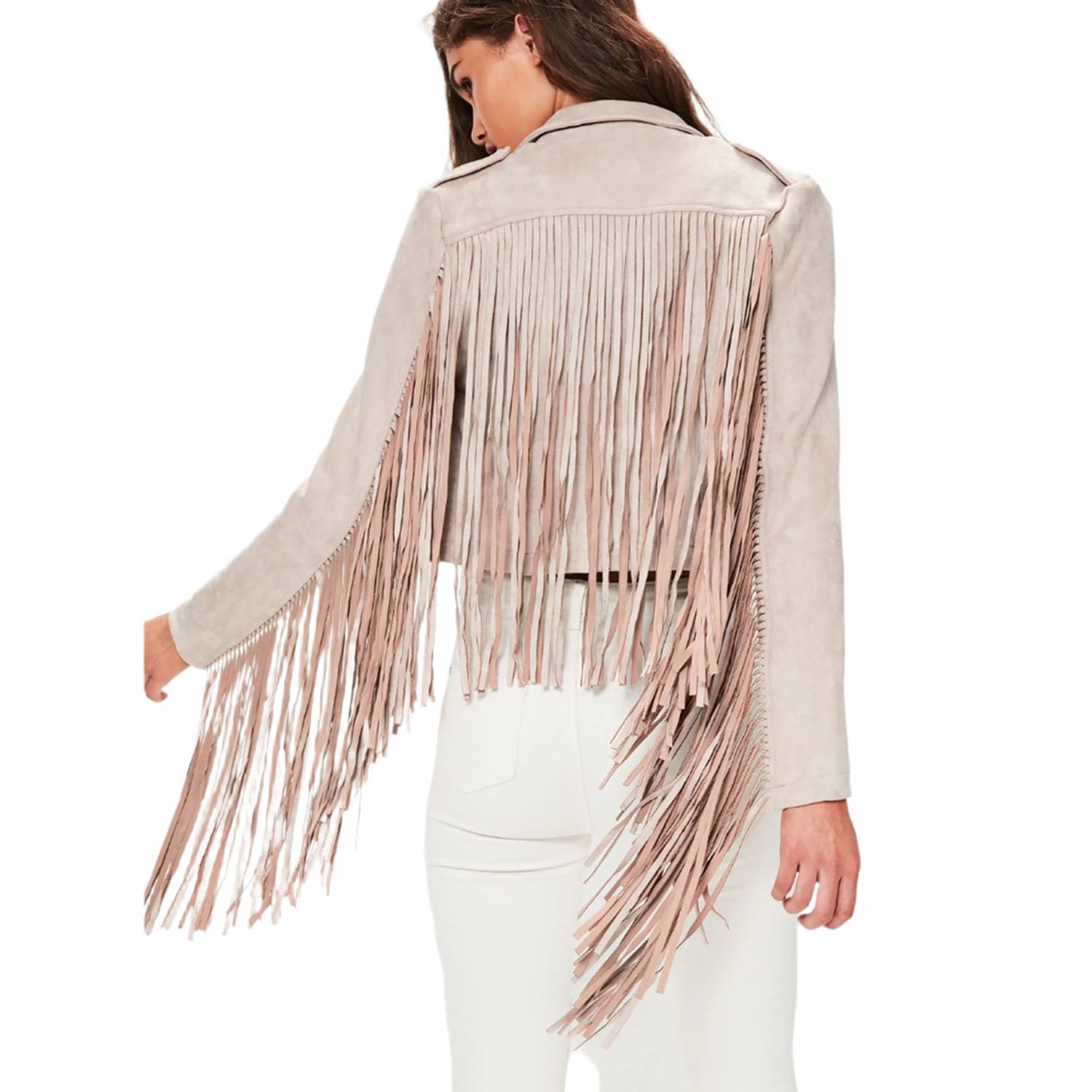 Western Fringe Beige Suede Leather Jacket for Women Cowgirl back view