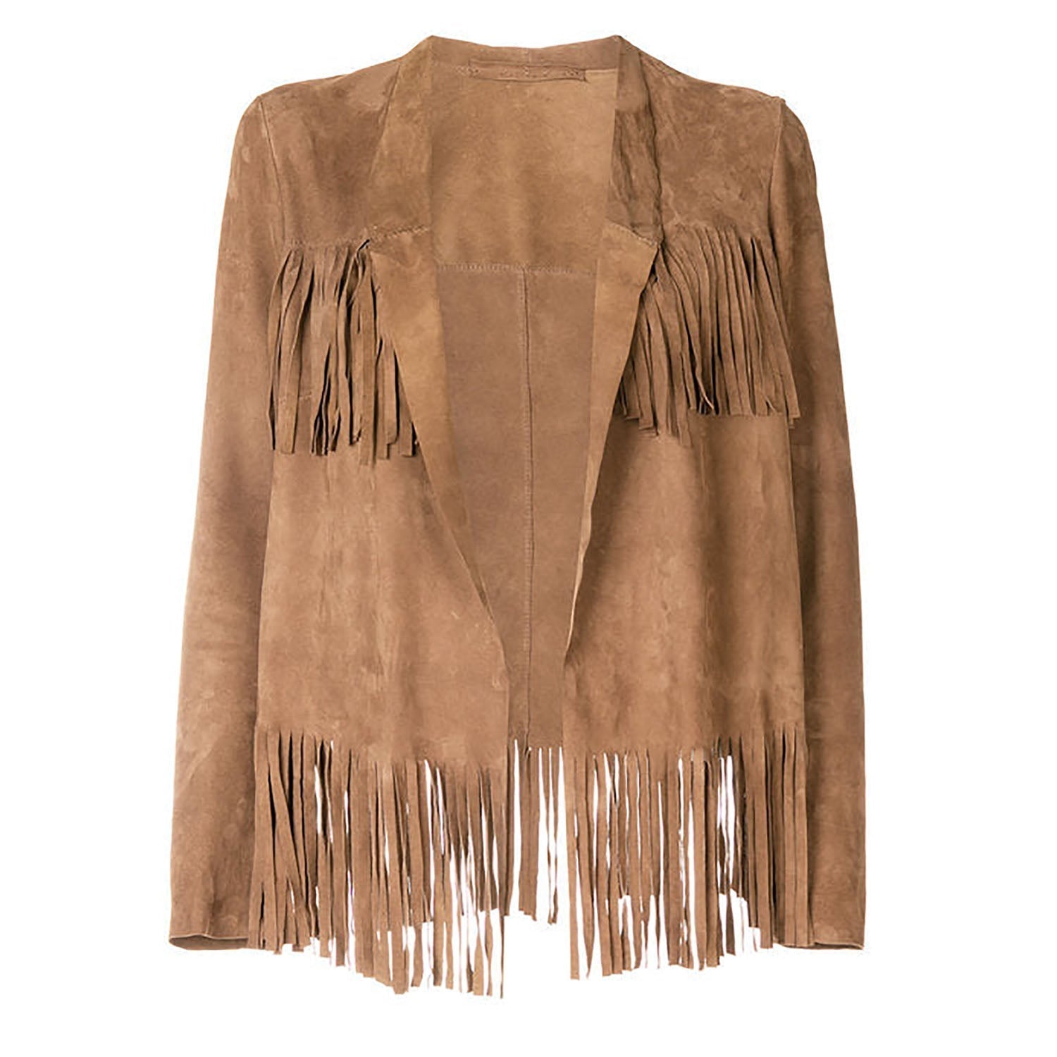 Western Fringe Beige Suede Leather Jacket for Women Cowgirl front view