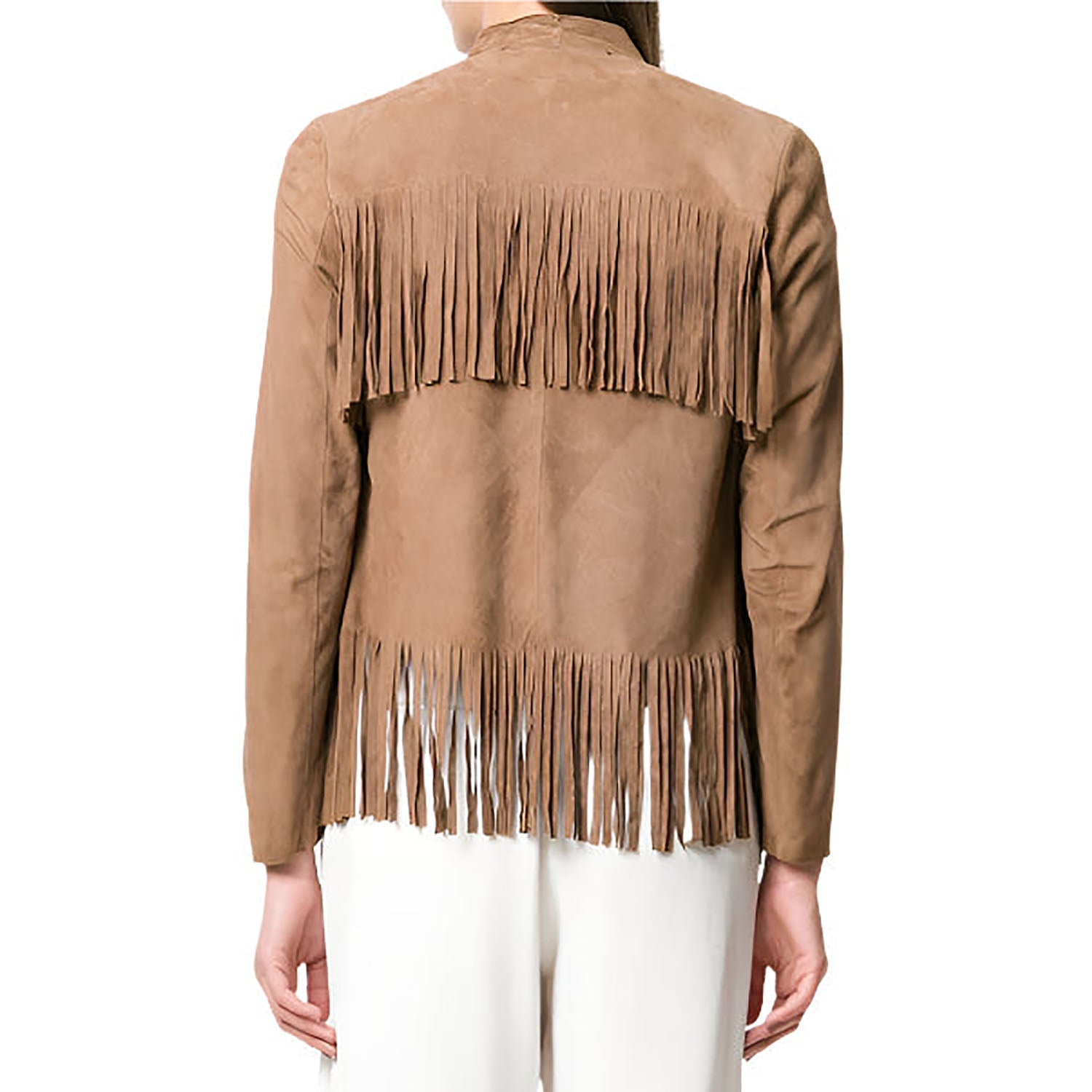 Western Fringe Beige Suede Leather Jacket for Women Cowgirl back view