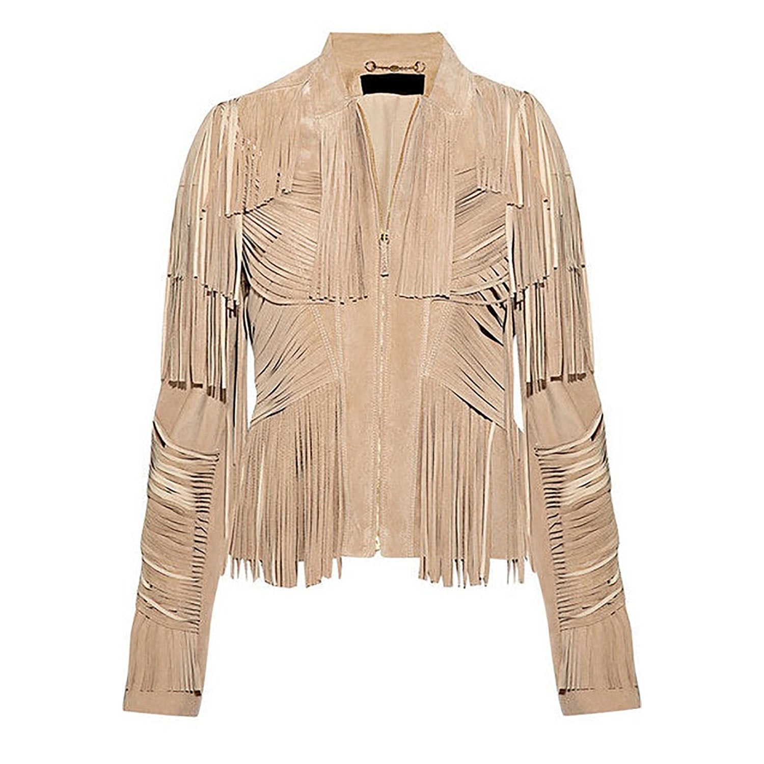 Western Fringe Beige Suede Leather Jacket for Women Cowgirl front view