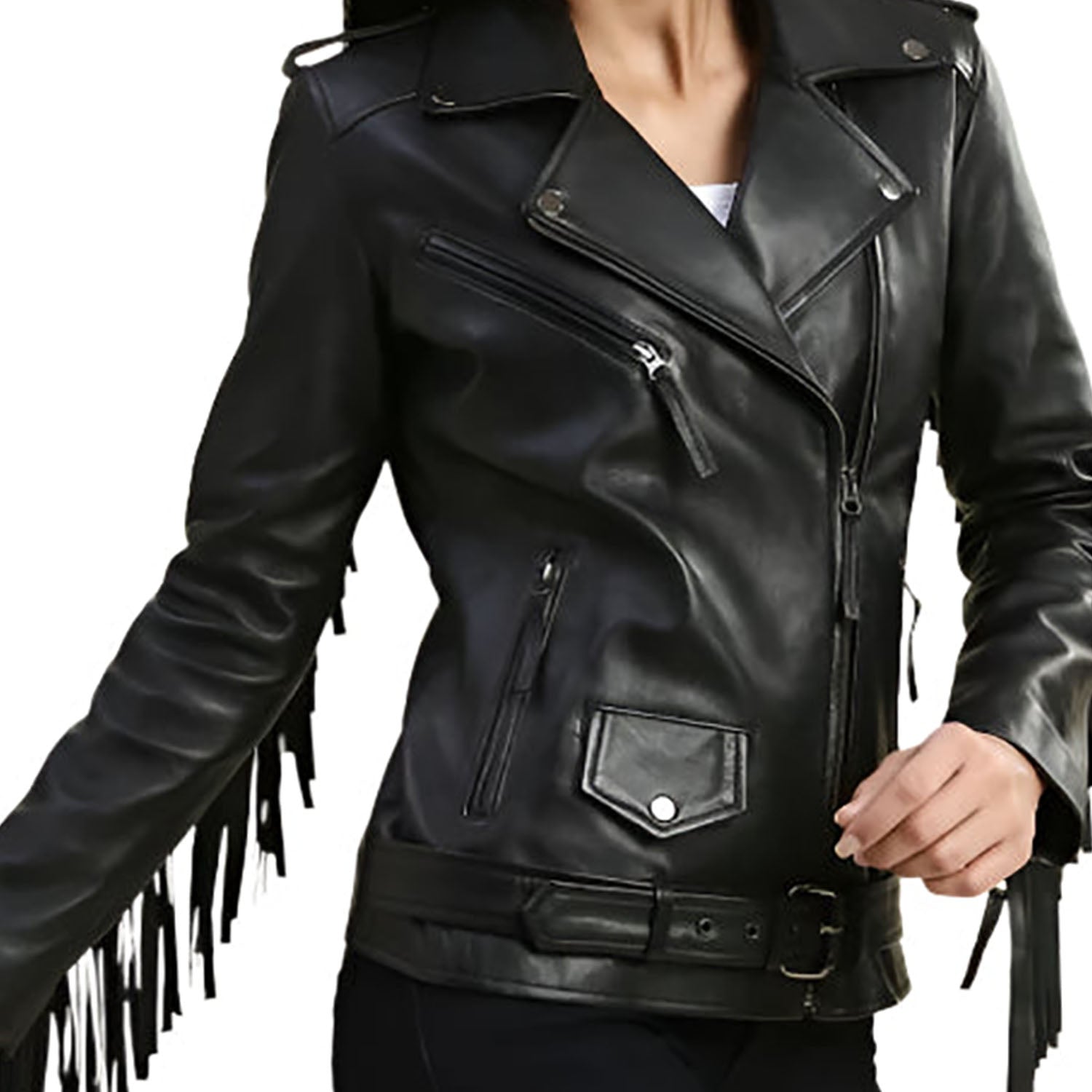 Western Fringe Black Leather Jacket for Women Cowgirl front view