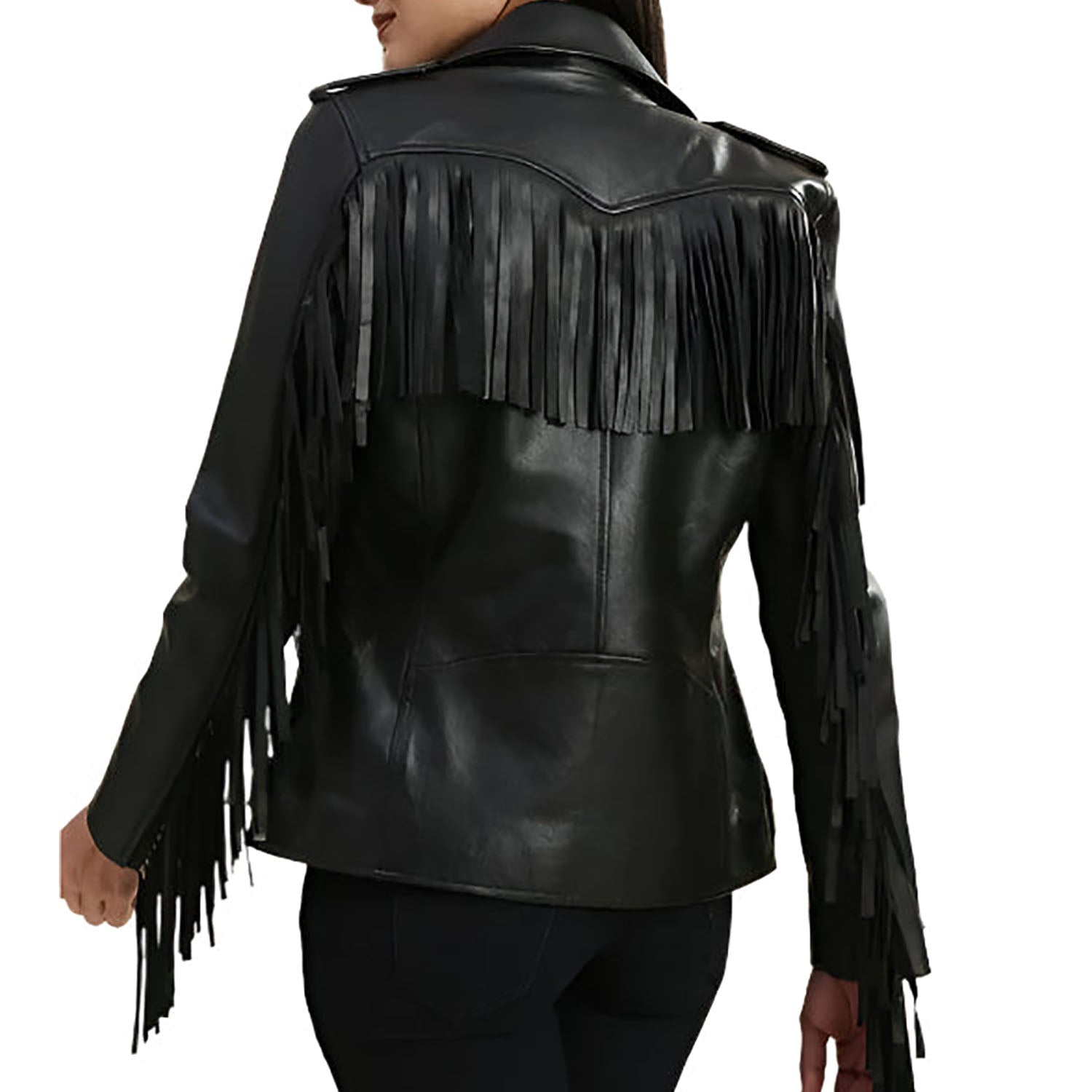 Western Fringe Black Leather Jacket for Women Cowgirl side view