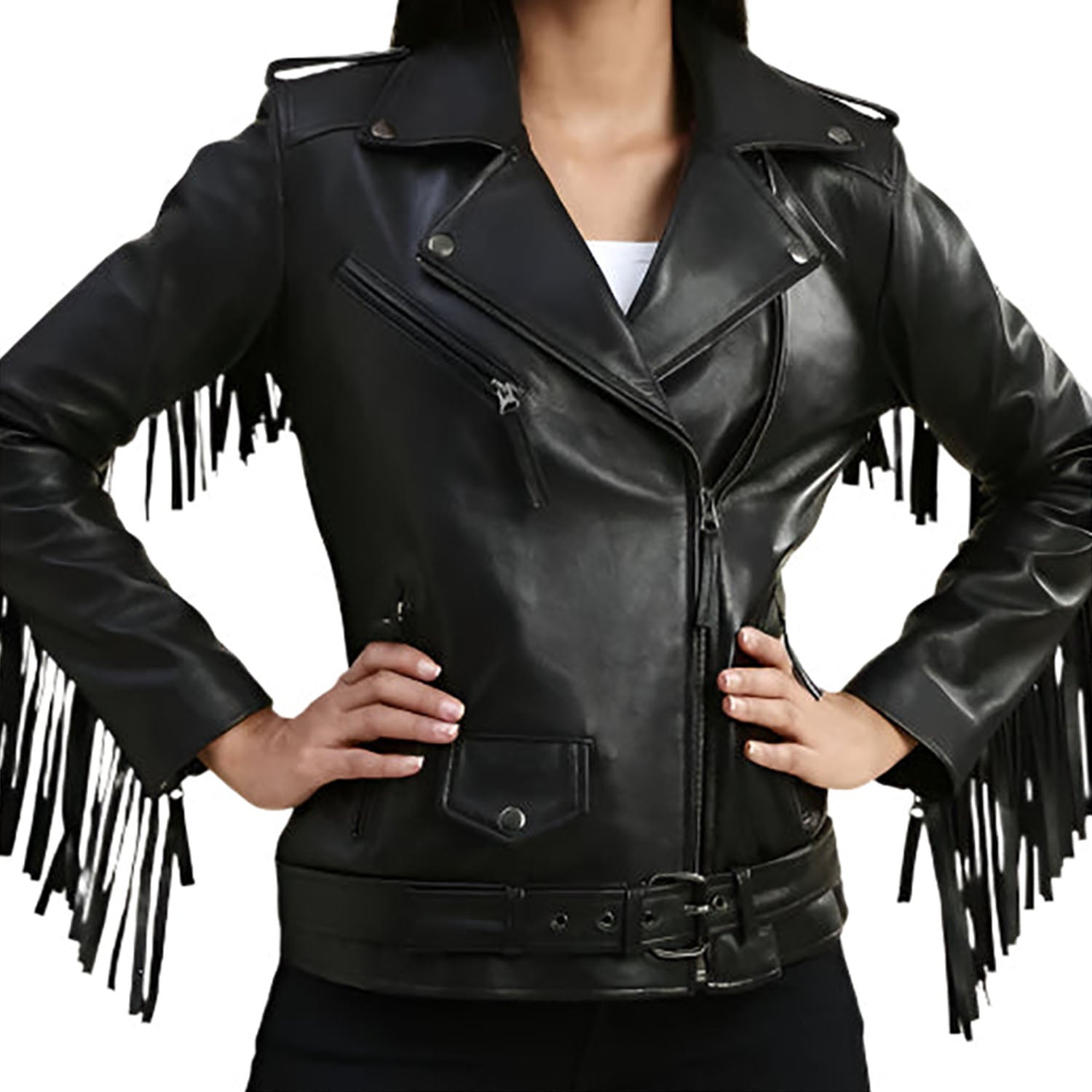 Western Fringe Black Leather Jacket for Women Cowgirl back view