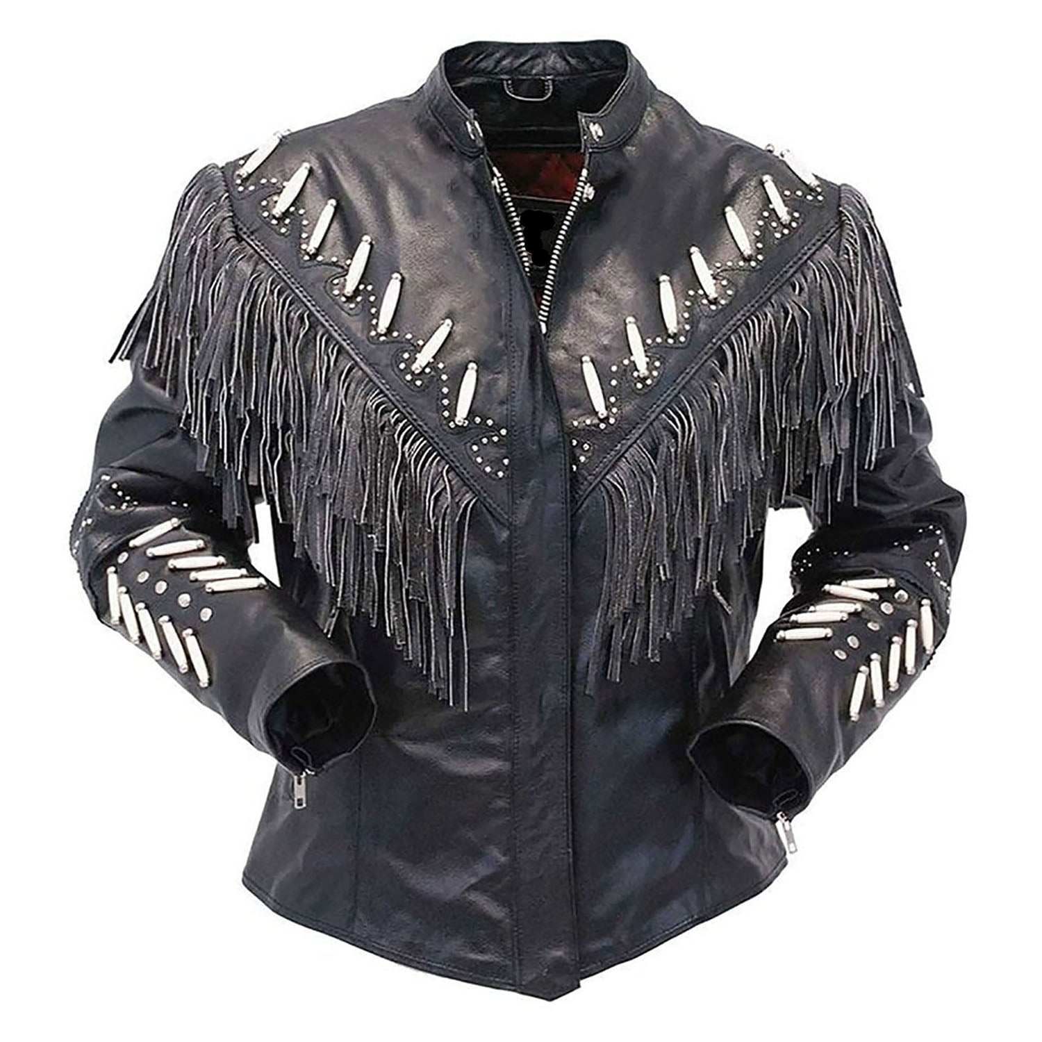 Western Fringe Black Leather Jacket for Women Cowgirl front view