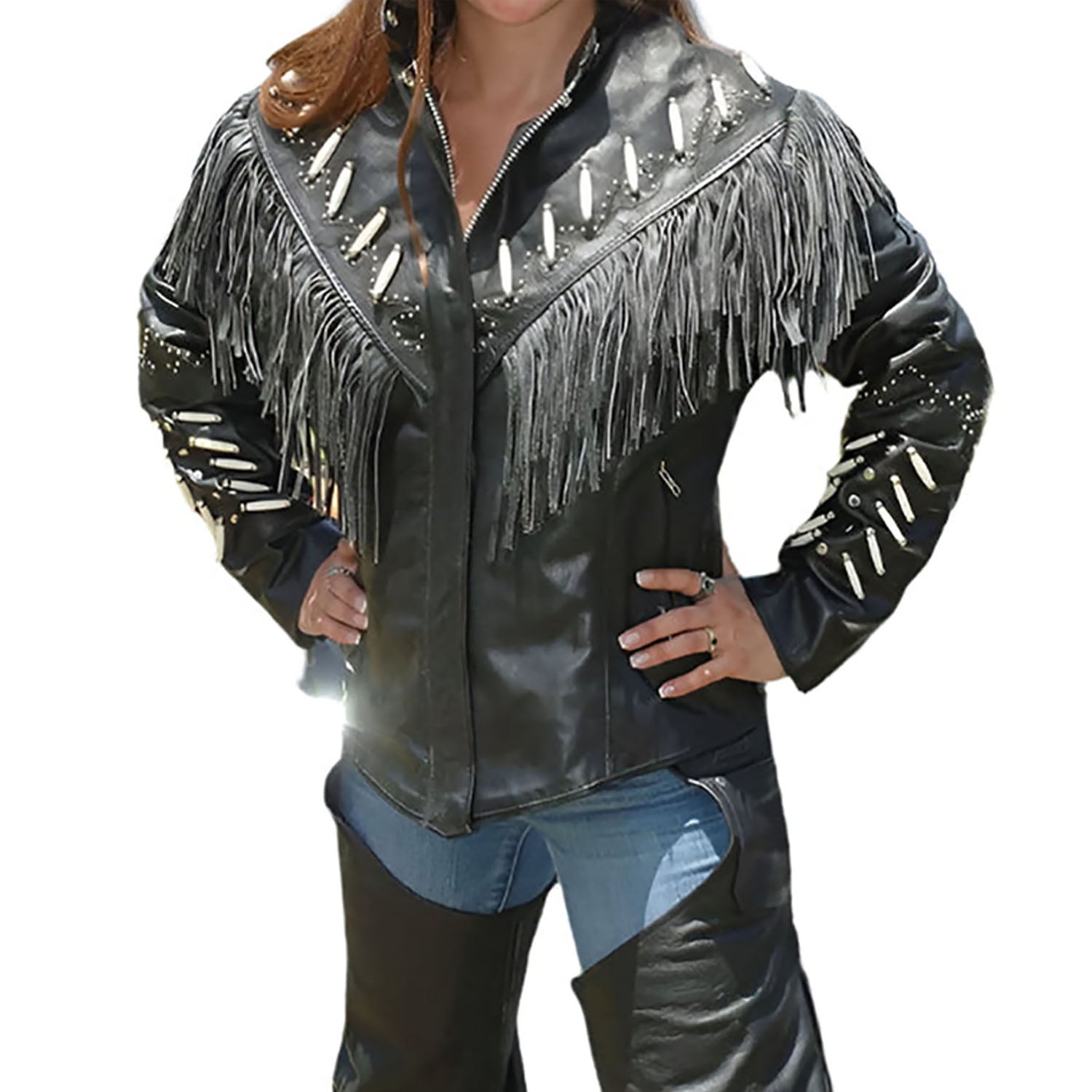 Western Fringe Black Leather Jacket for Women Cowgirl side view