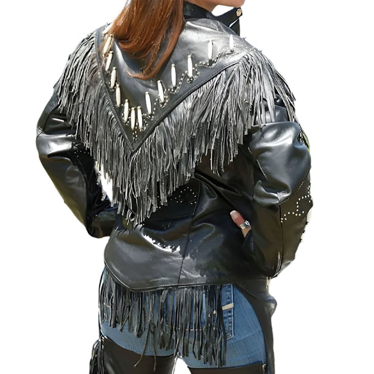 Western Fringe Black Leather Jacket for Women Cowgirl back view