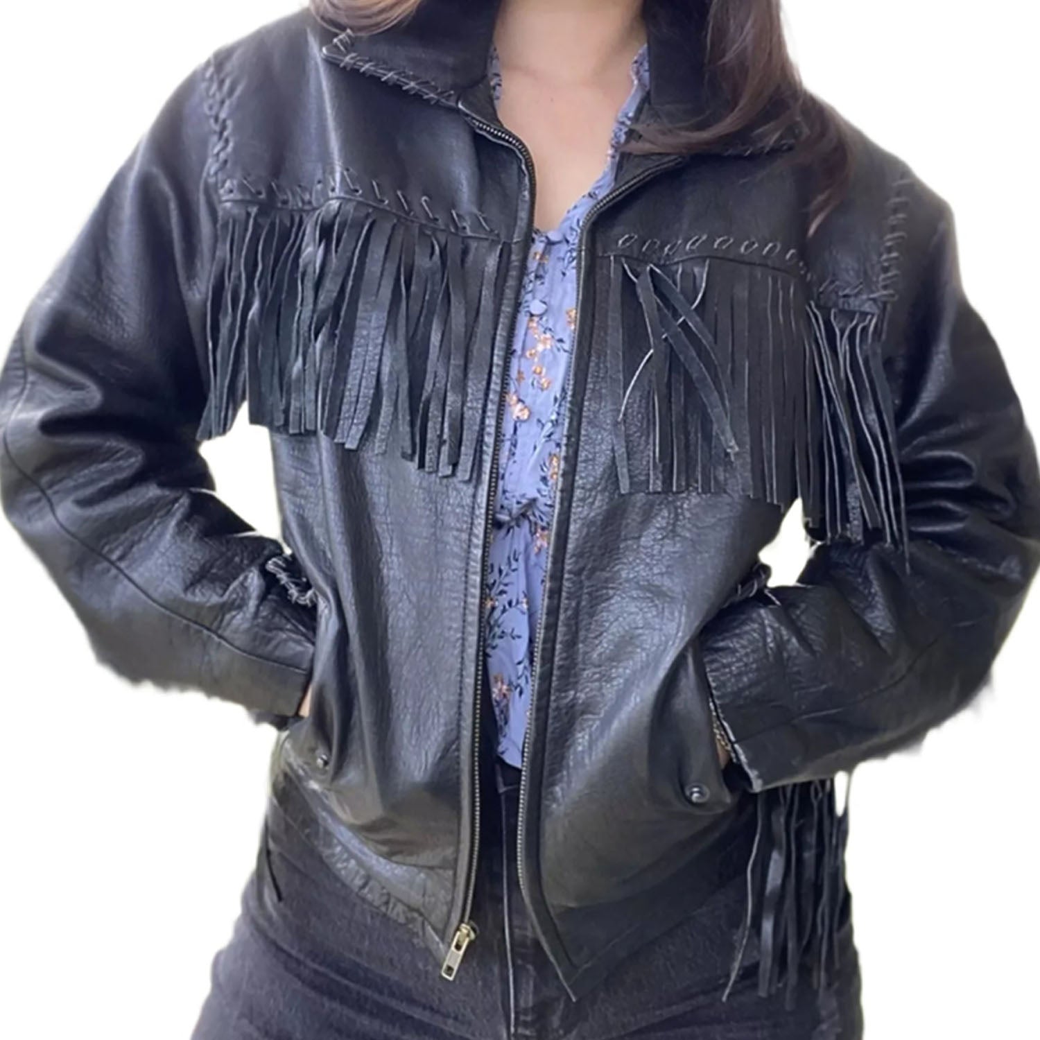 Western Fringe Black Leather Jacket for Women Cowgirl front view