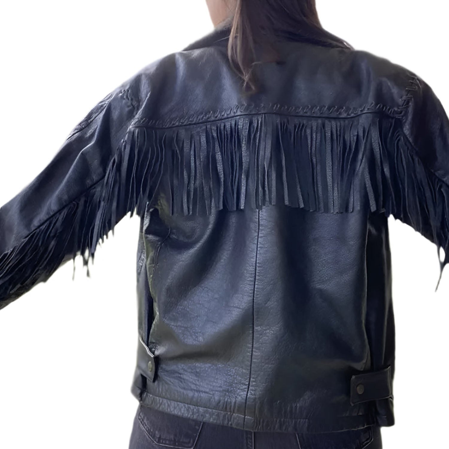 Western Fringe Black Leather Jacket for Women Cowgirl side view
