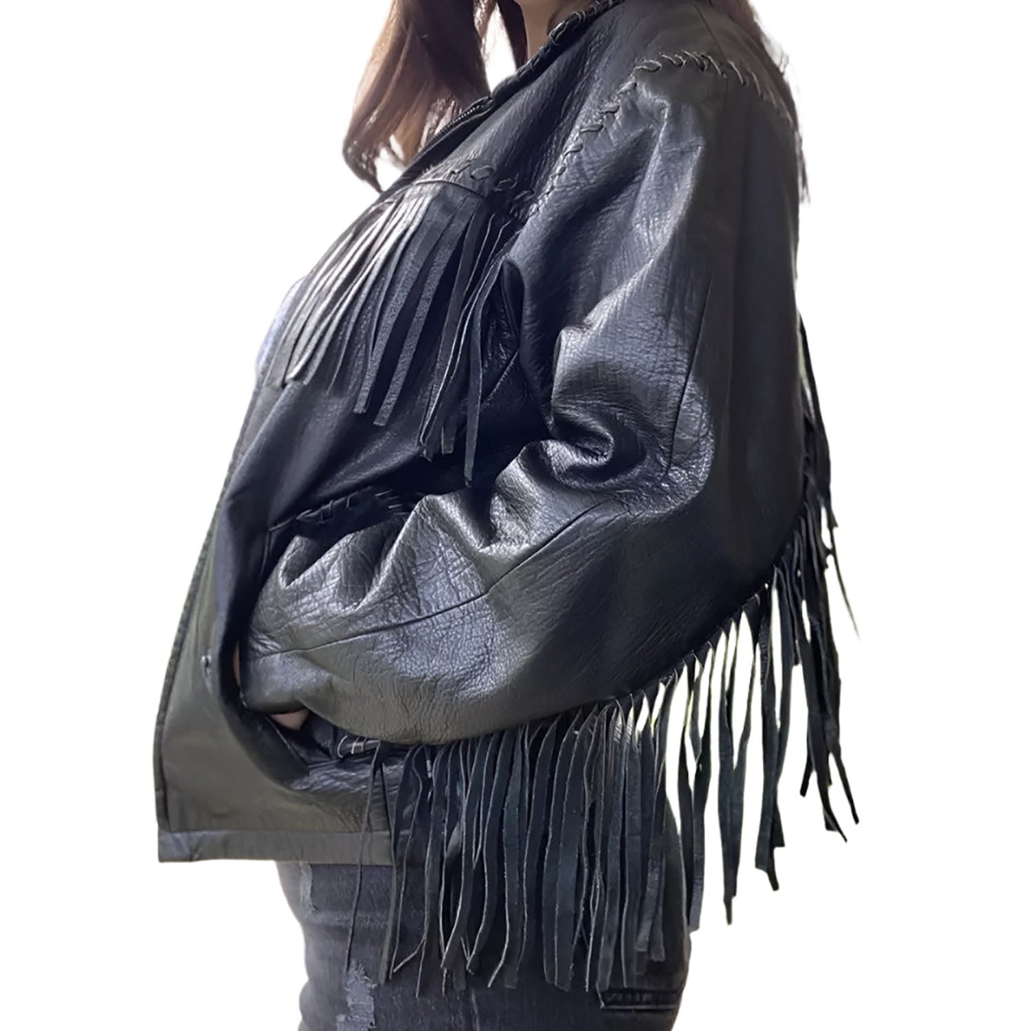 Western Fringe Black Leather Jacket for Women Cowgirl back view