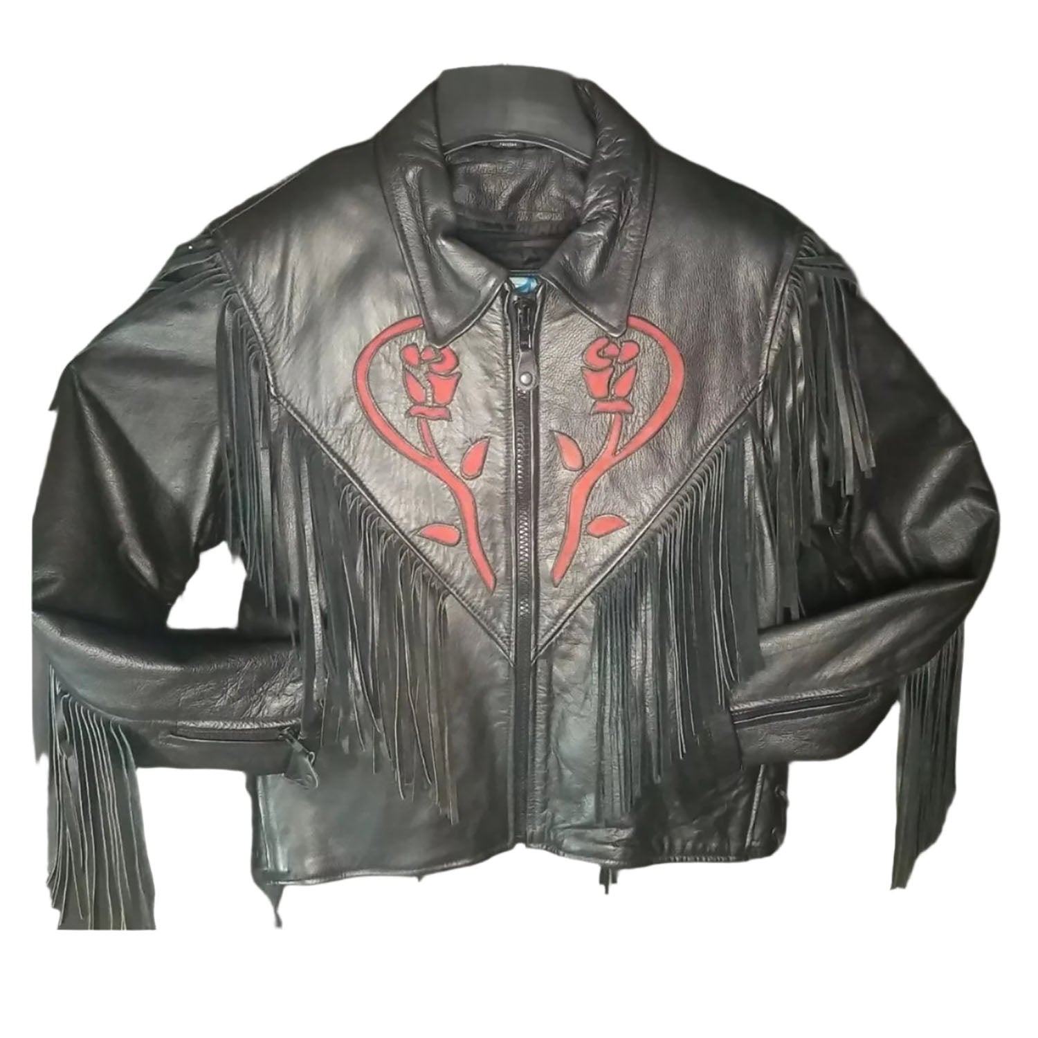 Western Fringe Black Leather Jacket for Women Cowgirl front view