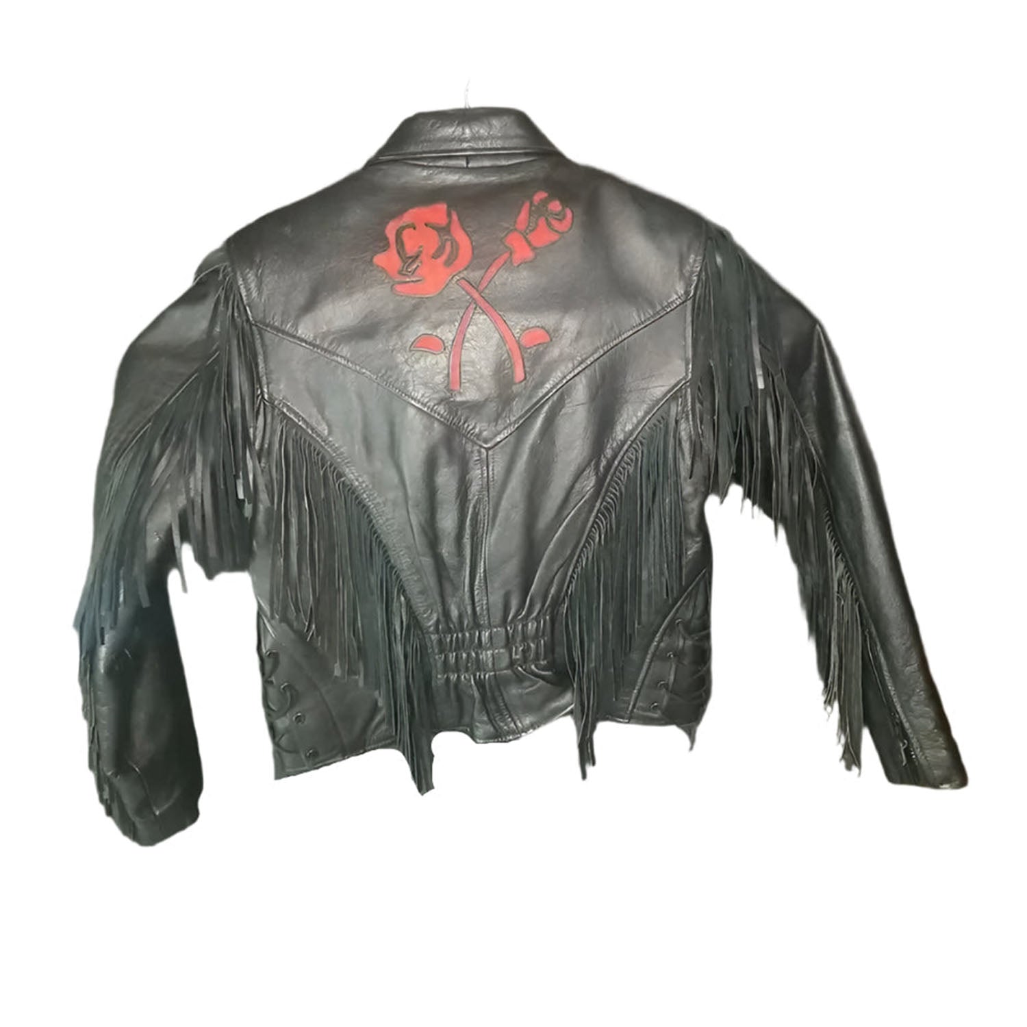 Western Fringe Black Leather Jacket for Women Cowgirl side view