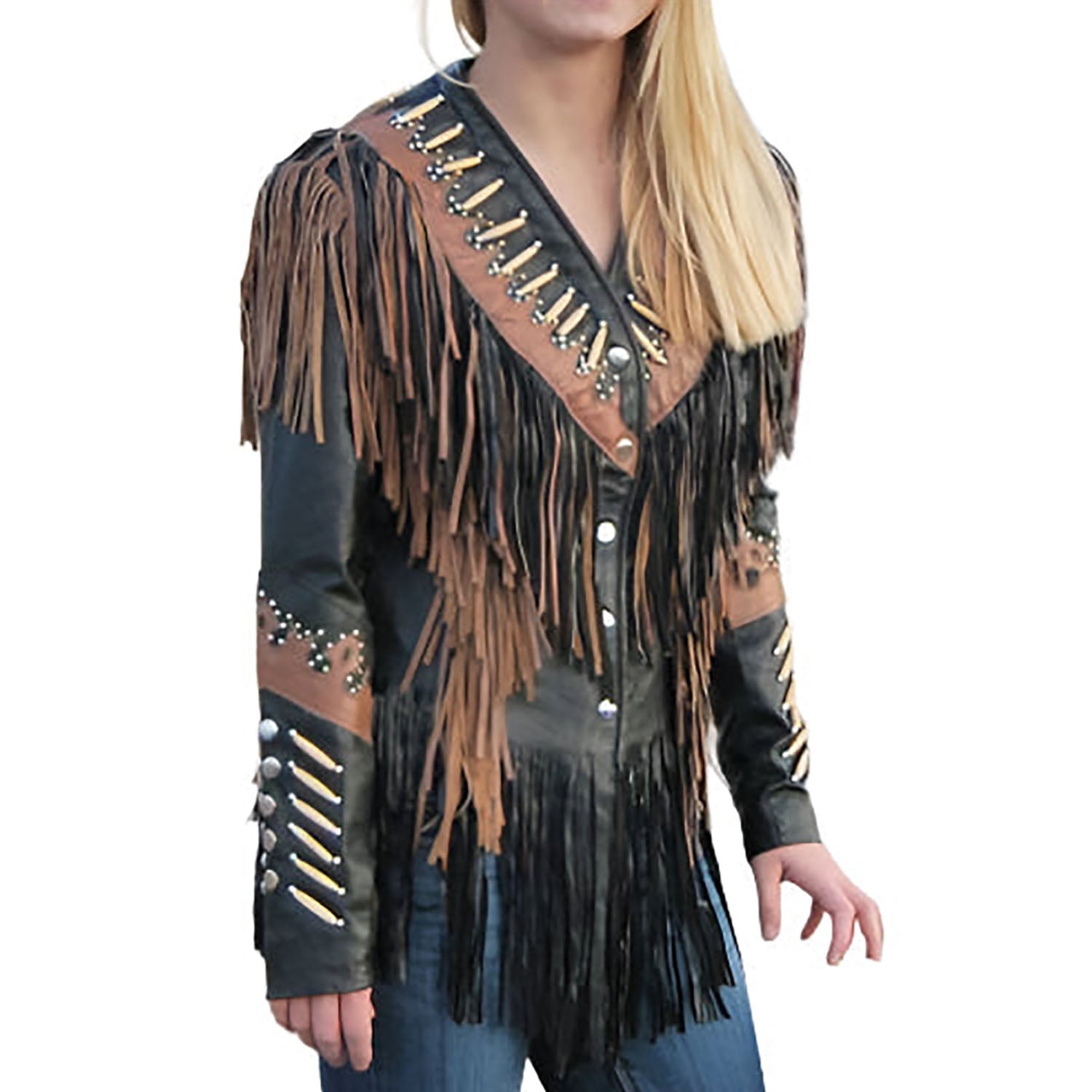 Western Fringe Black Leather Jacket for Women Cowgirl front view