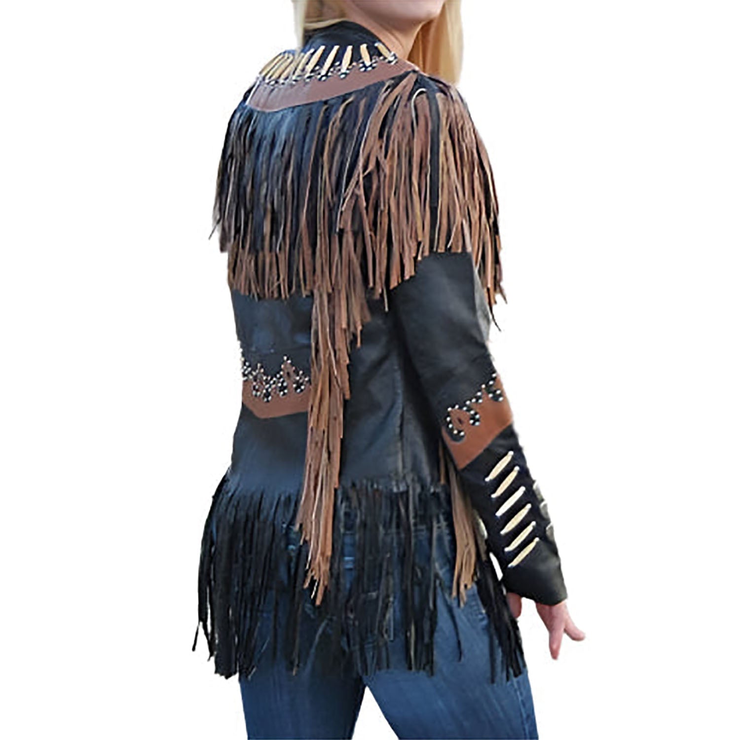 Western Fringe Black Leather Jacket for Women Cowgirl side view