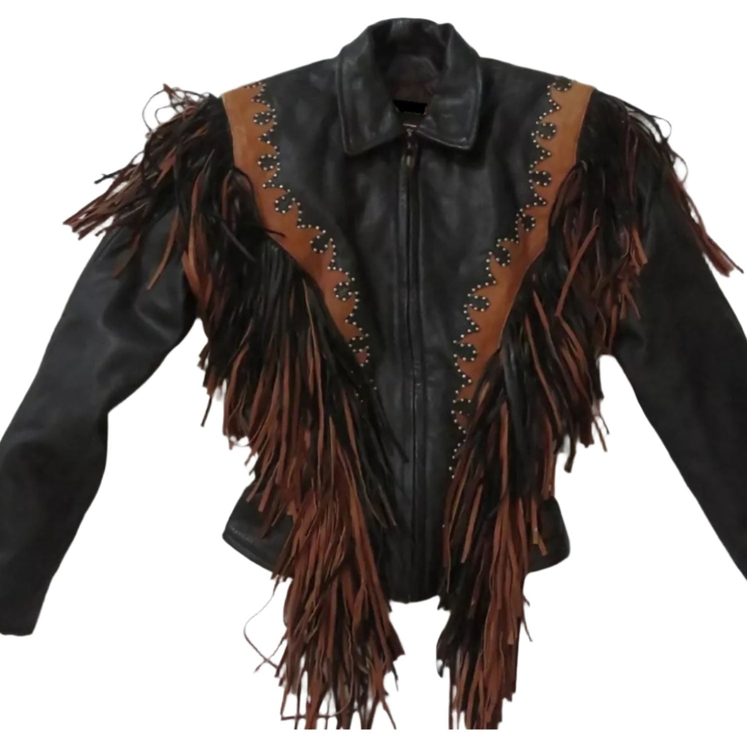 Western Fringe Black Leather Jacket for Women Cowgirl front view