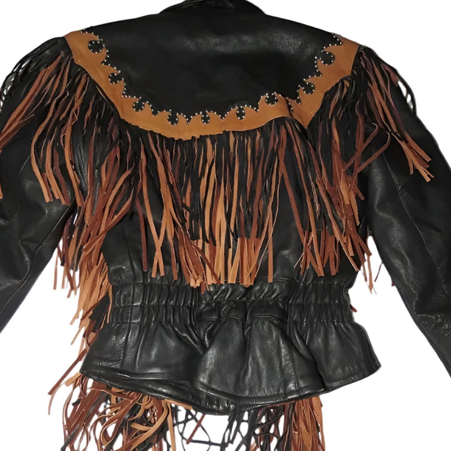 Western Fringe Black Leather Jacket for Women Cowgirl side view