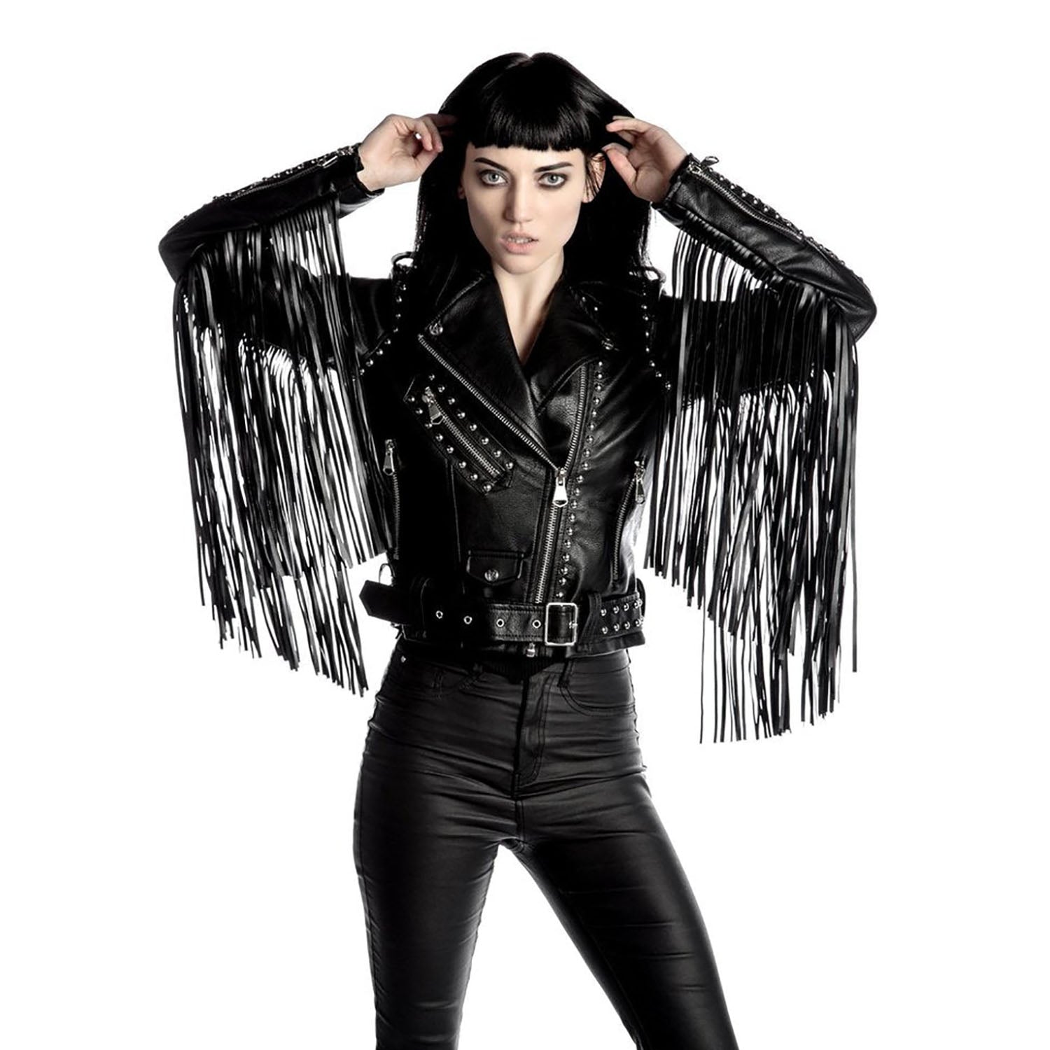Western Fringe Black Leather Jacket for Women Cowgirl front view