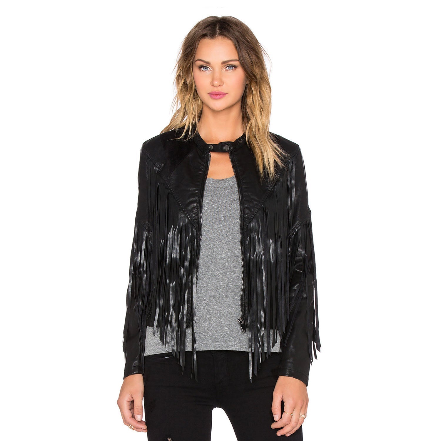 Western Fringe Black Leather Jacket for Women Cowgirl front view