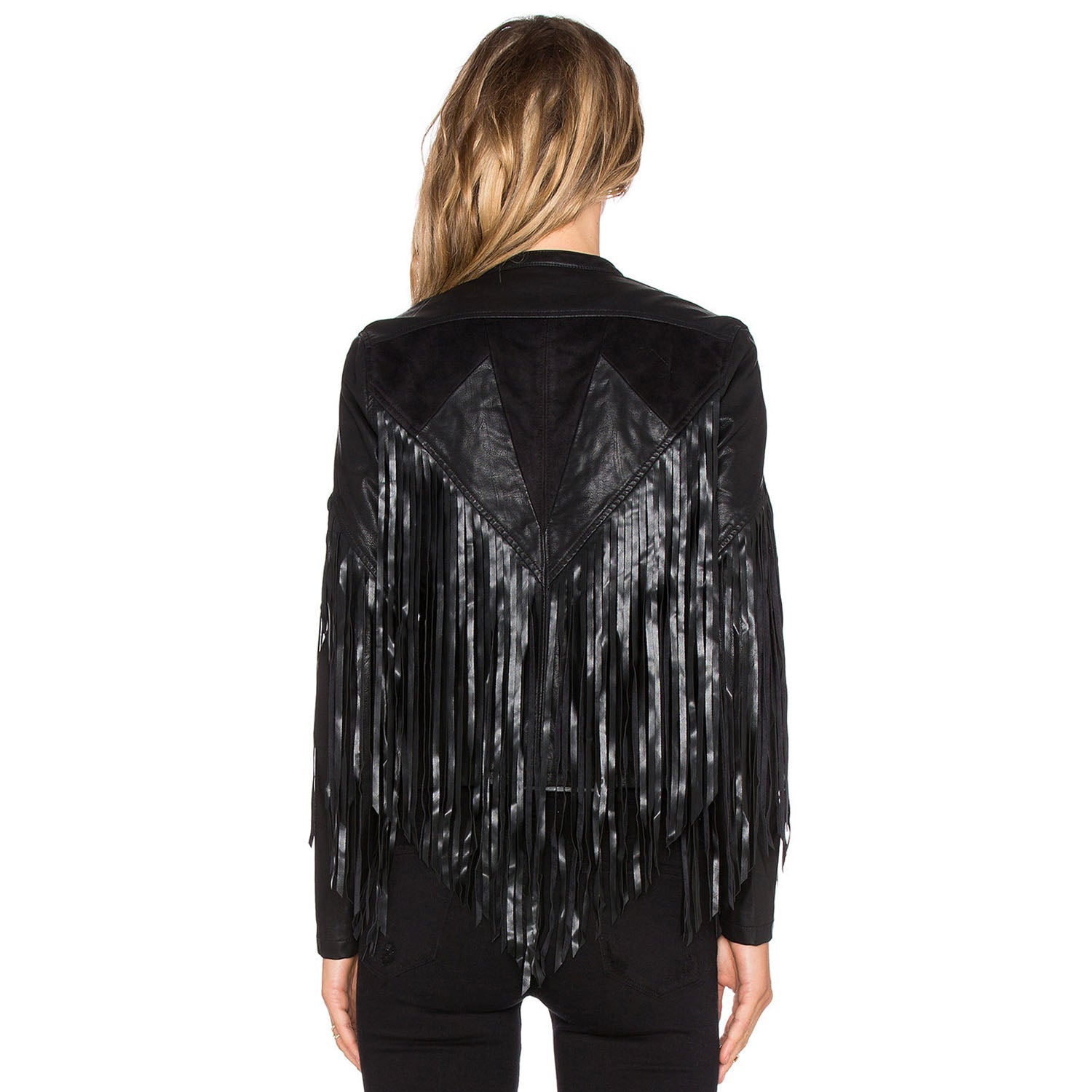 Western Fringe Black Leather Jacket for Women Cowgirl back view